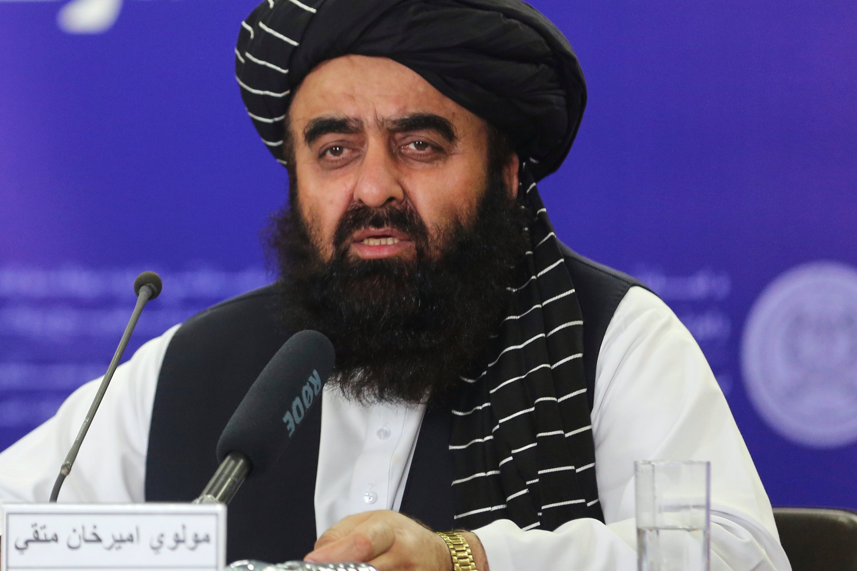 Taliban’s Foreign Minister Amir Khan Muttaqi speaks to the media about the Peter and Barbie Reynolds case
