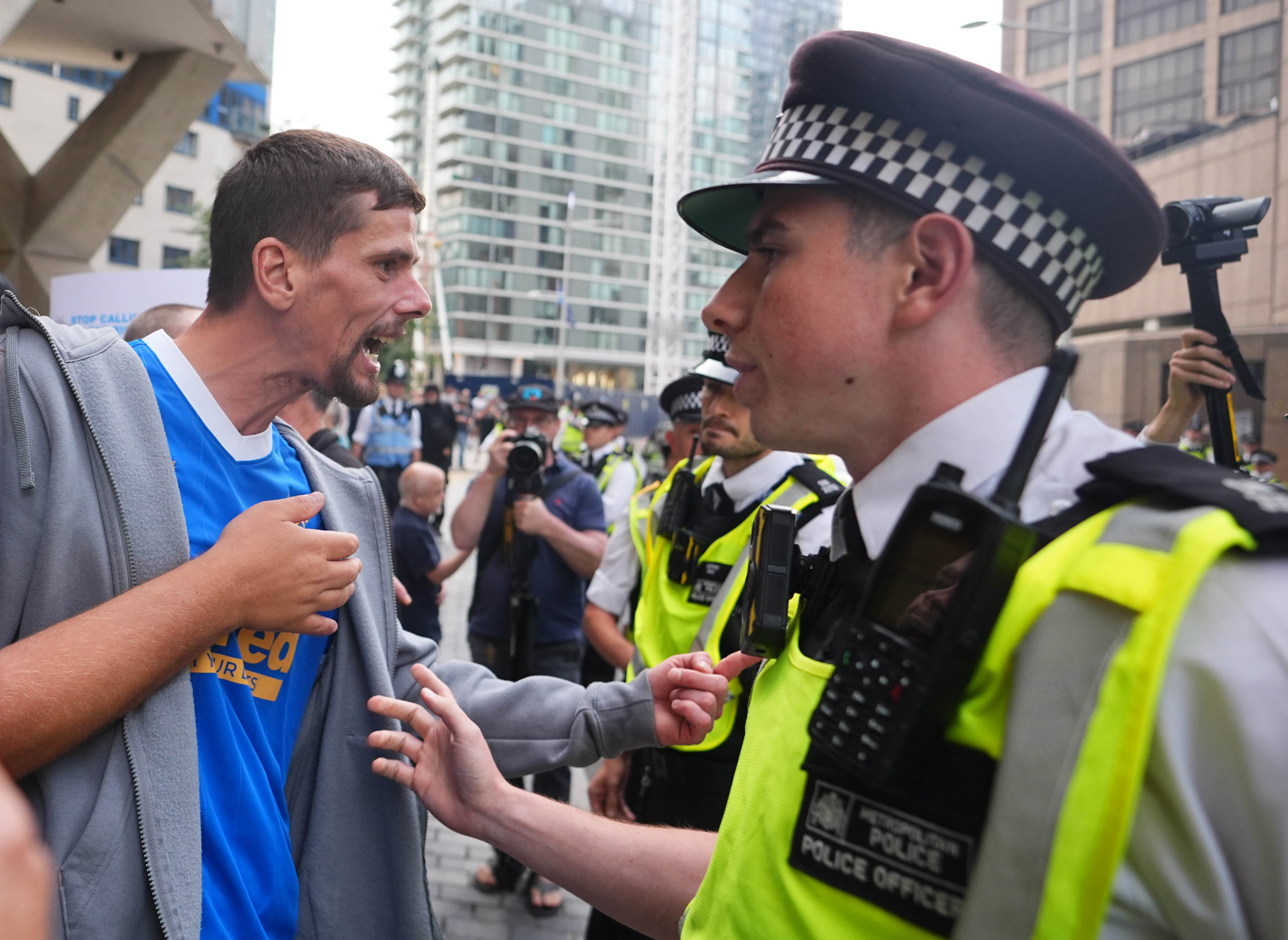 A protest took place outside the Britannia hotel in Canary Wharf after it was reported migrants would be housed there