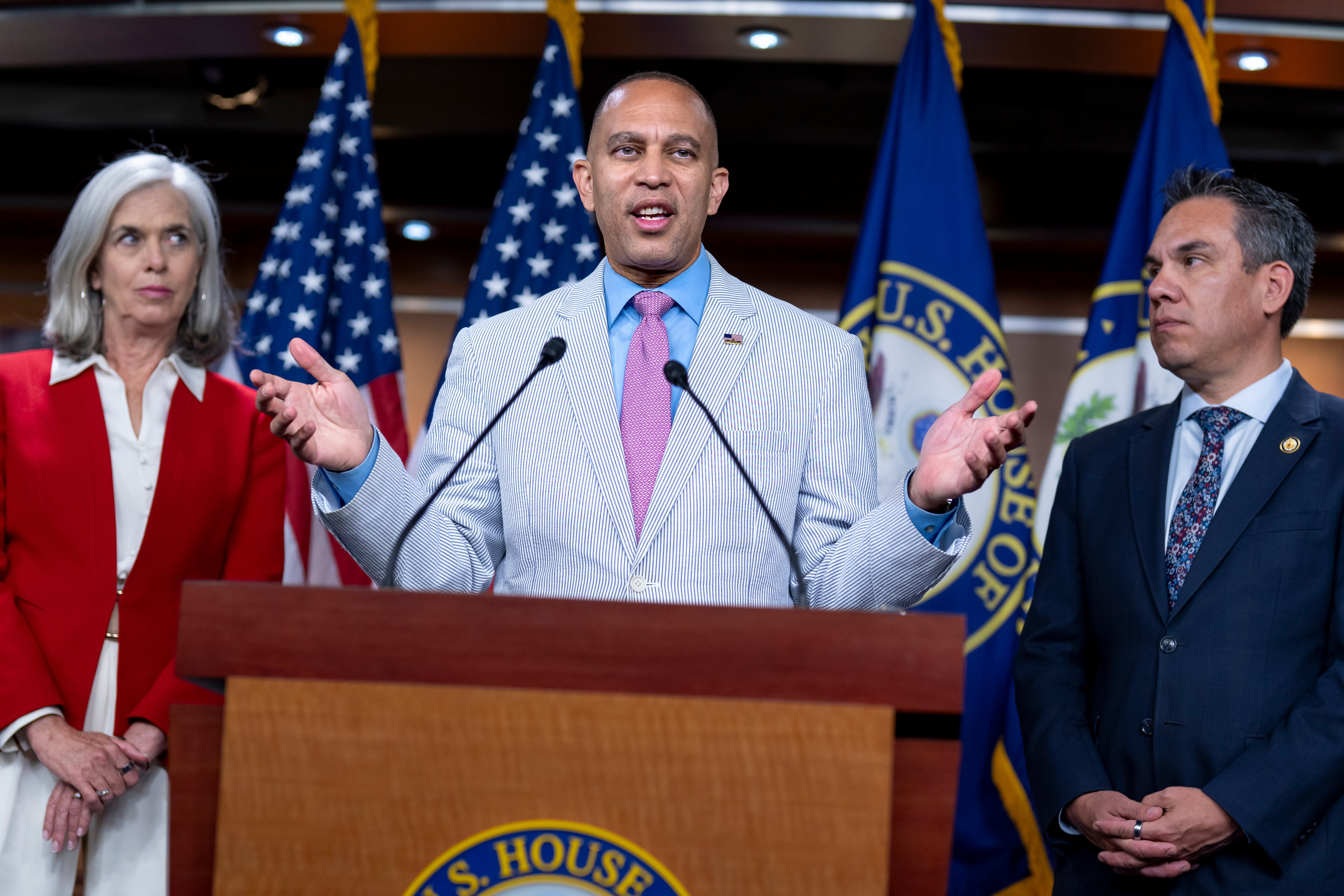 House Minority Leader Hakeem Jeffries (D-N.Y.), Katherine Clark (D-Mass.) and Pete Aguilar (D-Calif.) hope to flip the House of Representatives in 2026.