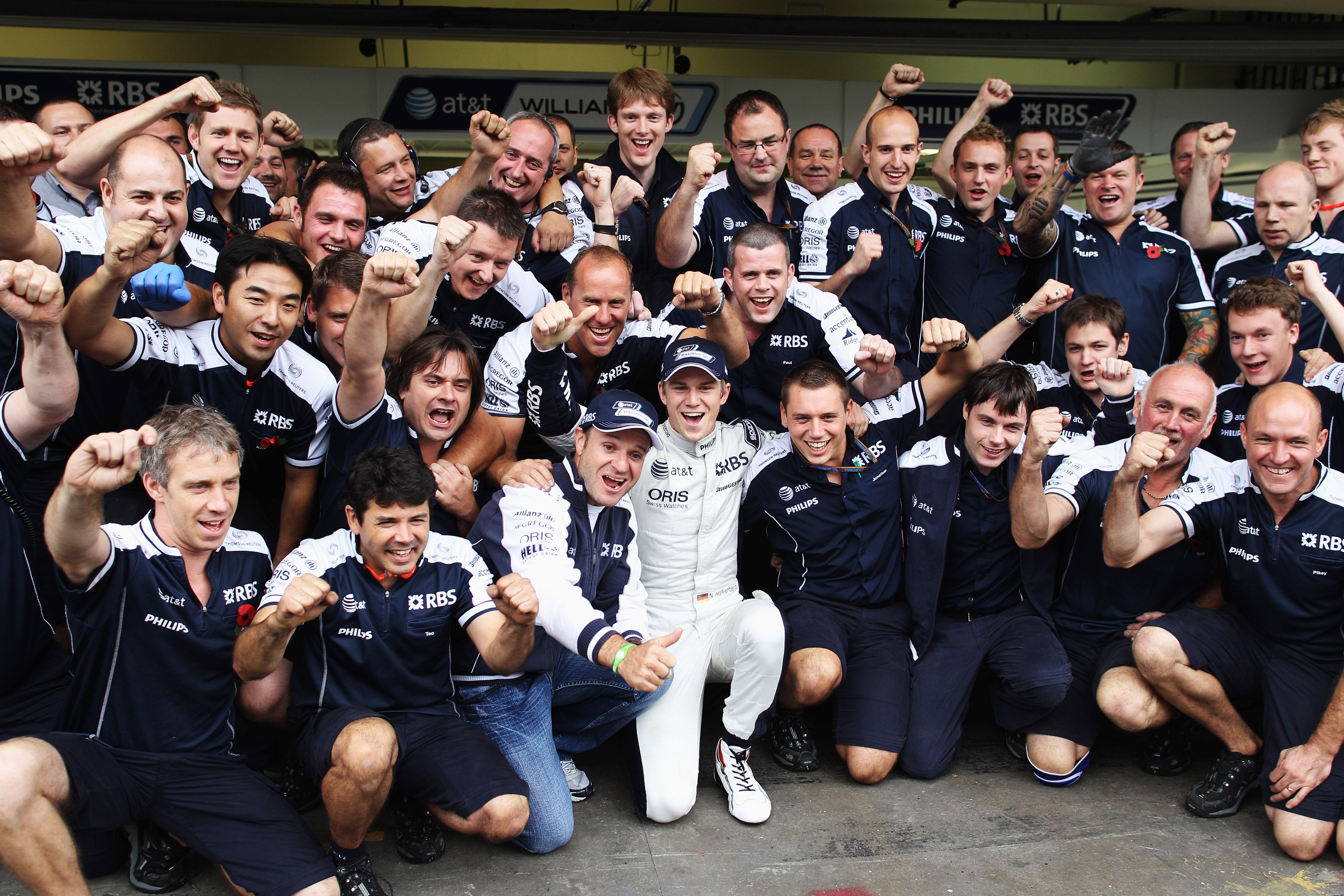 Hulkenberg celebrates his pole position with Williams at the 2010 Brazilian Grand Prix