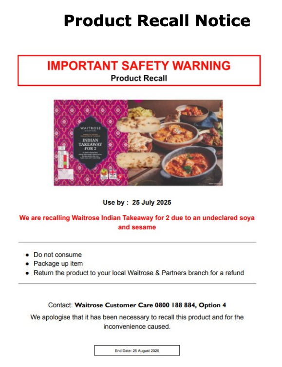Waitrose issued a product recall for its ‘Indian takeaway for two’