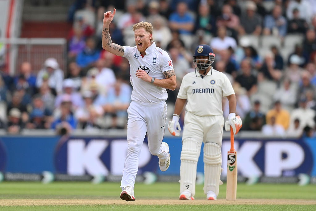 England captain Ben Stokes celebrates dismissing Anshul Kamboj to claim his fifth wicket