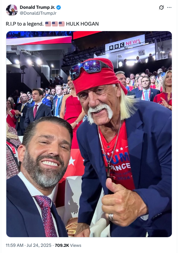 Donald Trump Jr mourns Hulk Hogan on X