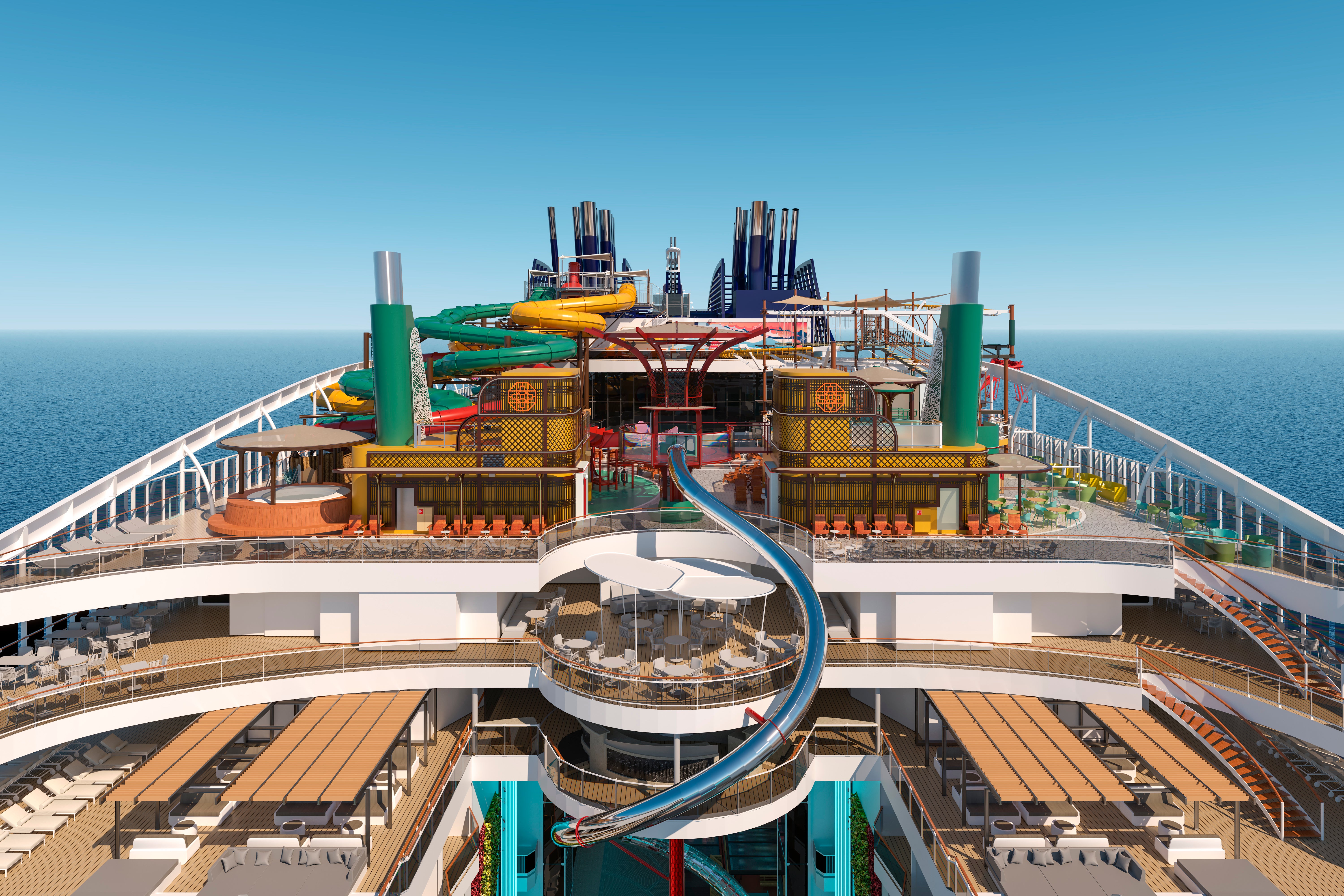 A dry slide from MSC World Asia's Harbour aqua park to the outdoor Promenade is a key feature of the new ship