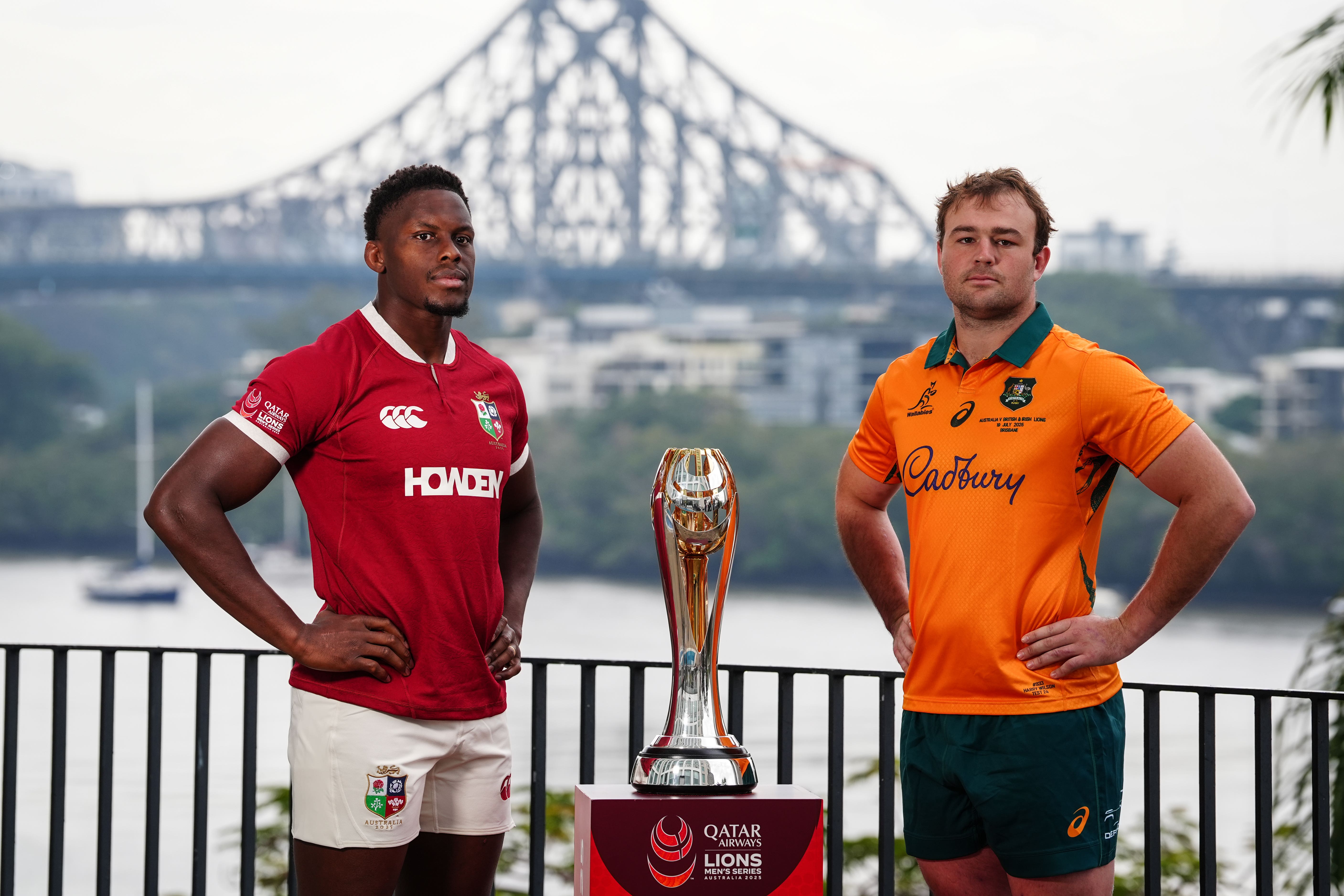 British and Irish Lions captain Maro Itoje (left) with Australia captain Harry Wilson (right) during a photocall at the Stamford Plaza hotel in Brisbane, Australia ahead of the first test against Australia on Saturday. Picture date: Friday July 18, 2025.