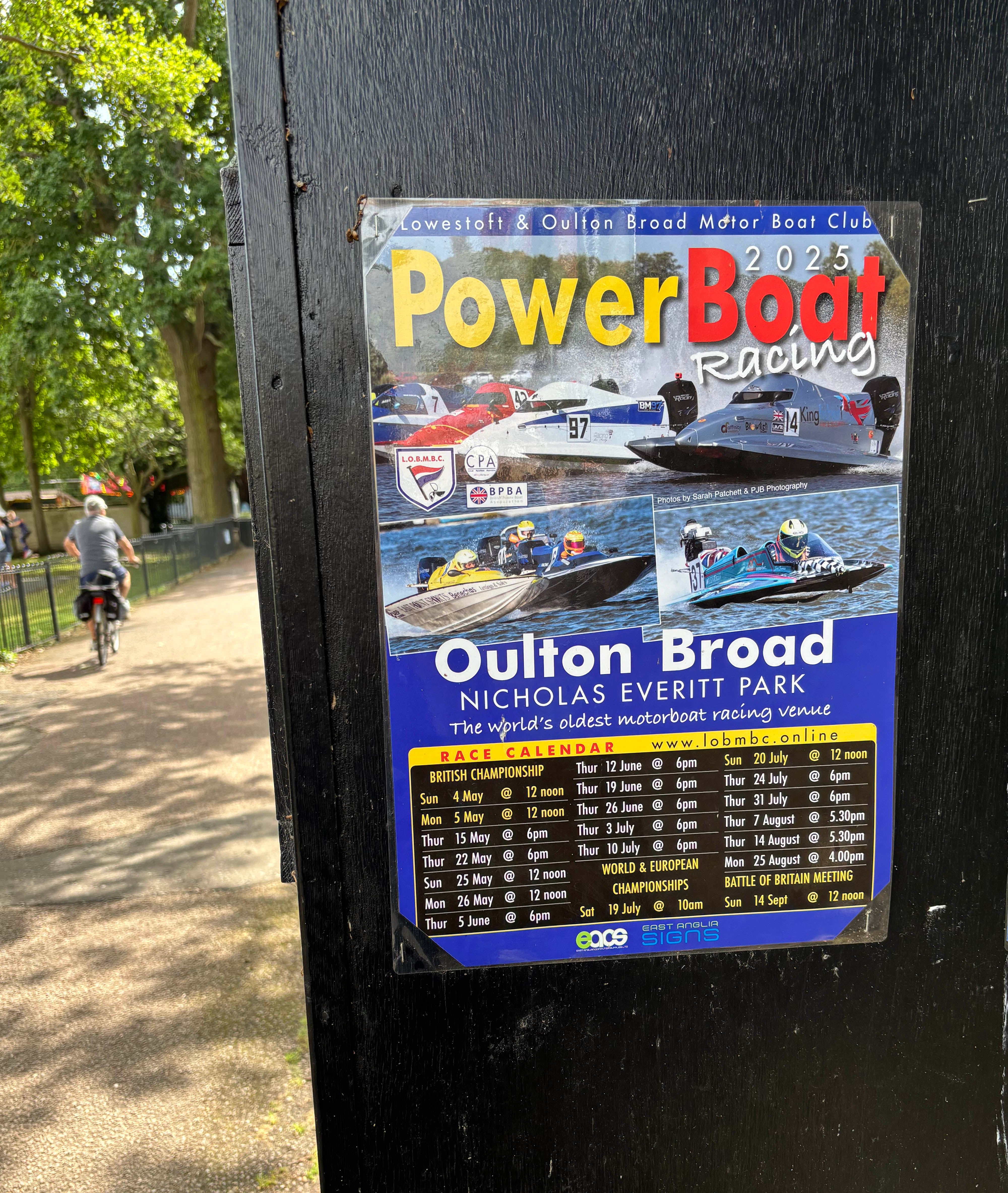 A poster for the Lowestoft and Oulton Broad Motor Boat Club near Lowestoft, Suffolk where a powerboat driver, aged in his 50s, has died after crashing into a houseboat during a racing event on Thursday. Picture date: Friday July 25, 2025. PA Photo. Photo credit should read: Sam Russell/PA Wire