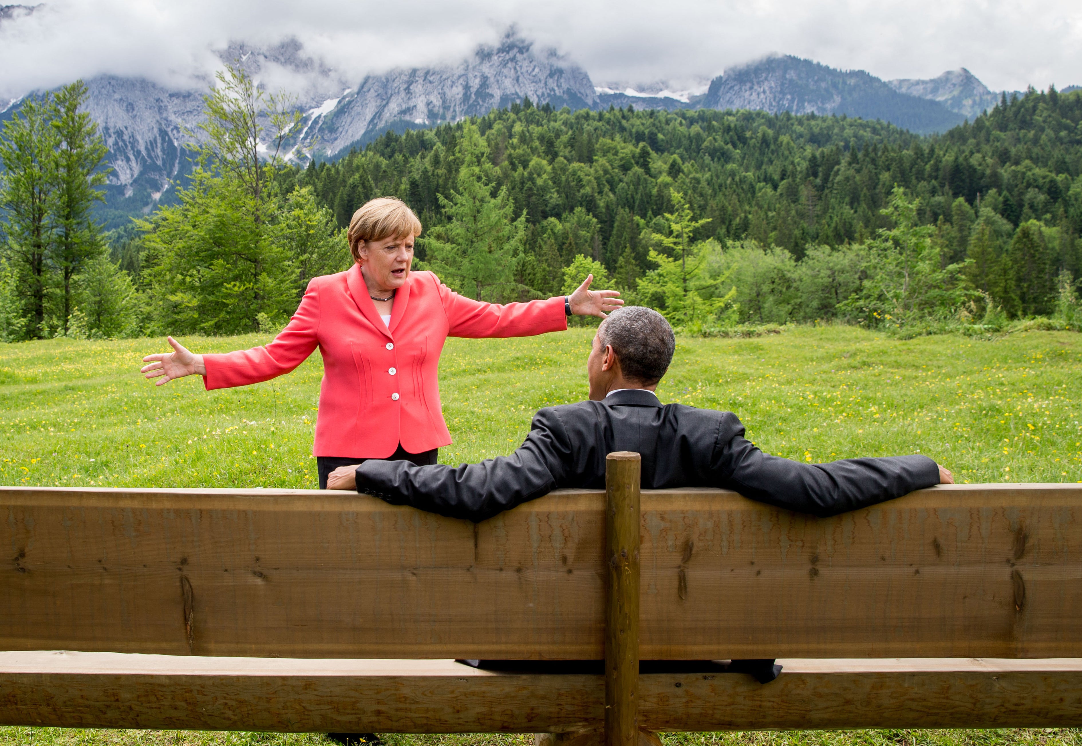 Angela Merkel and Barack Obama talk while staying at Schloss Elmau for the 2015 G7 Summit
