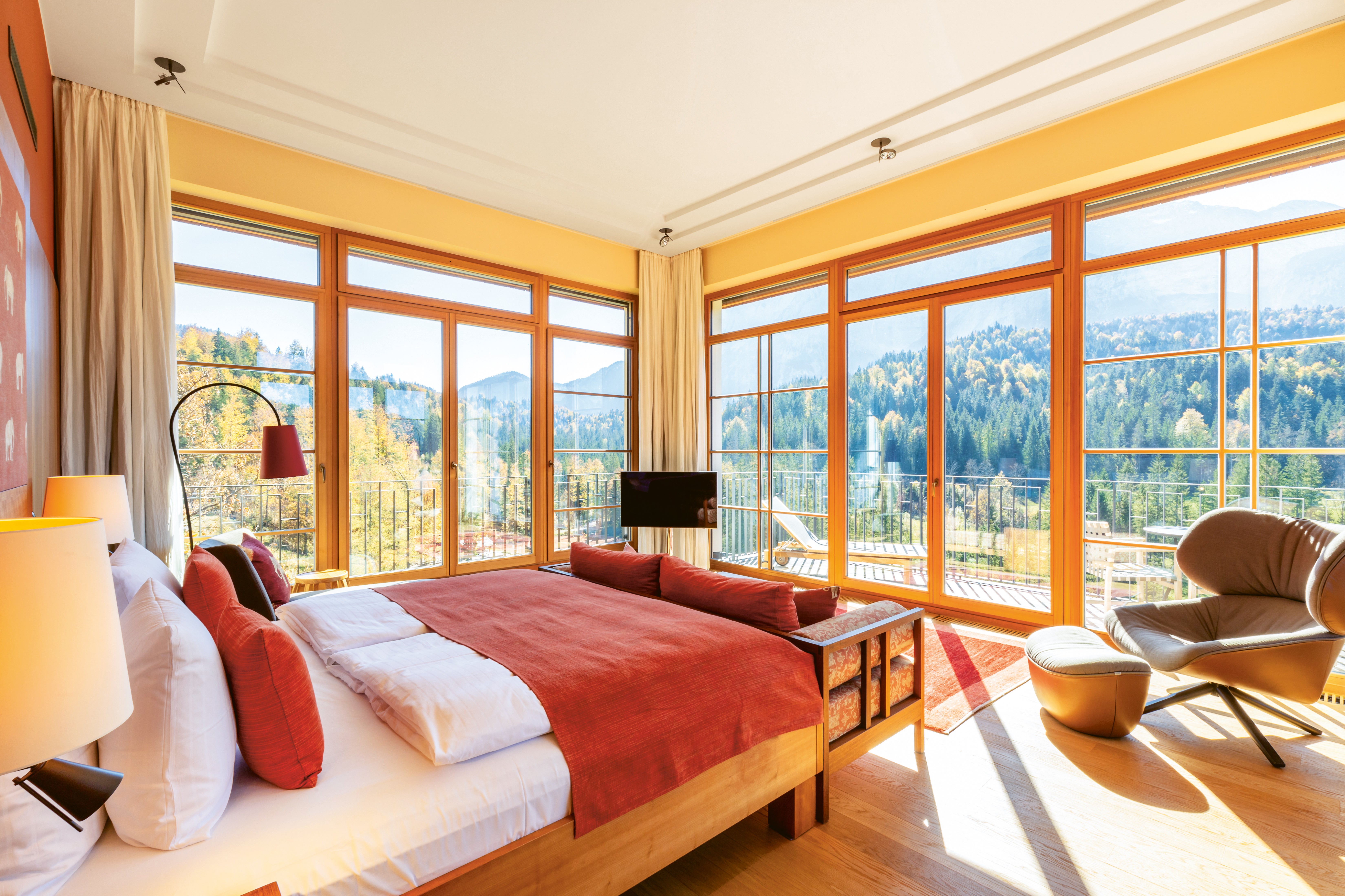 The spacious rooms at the Retreat at Schloss Elmau all look out towards the mountains or meadows