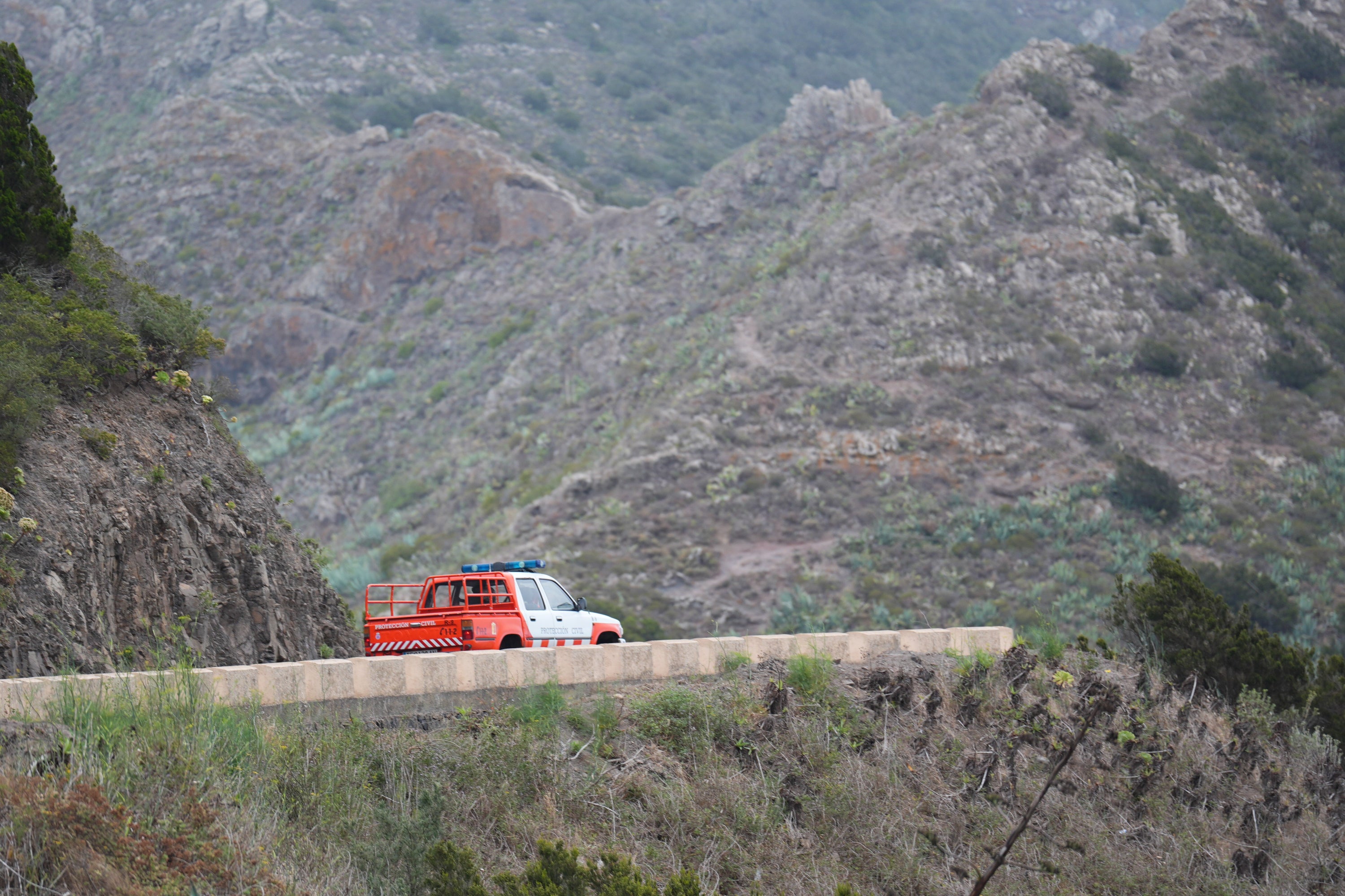 Mountain rescue vehicles near the village of Masca in Tenerife during the search for Mr Slater