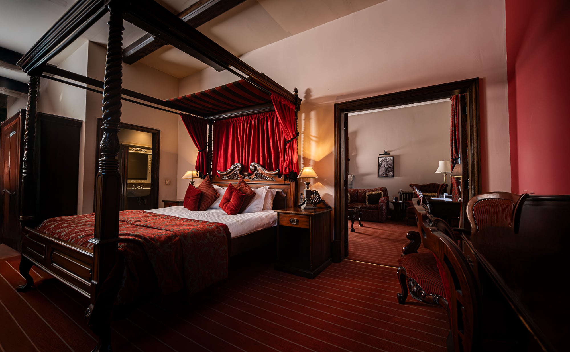 Guests can stay in four-poster bedrooms at Peckforton Castle