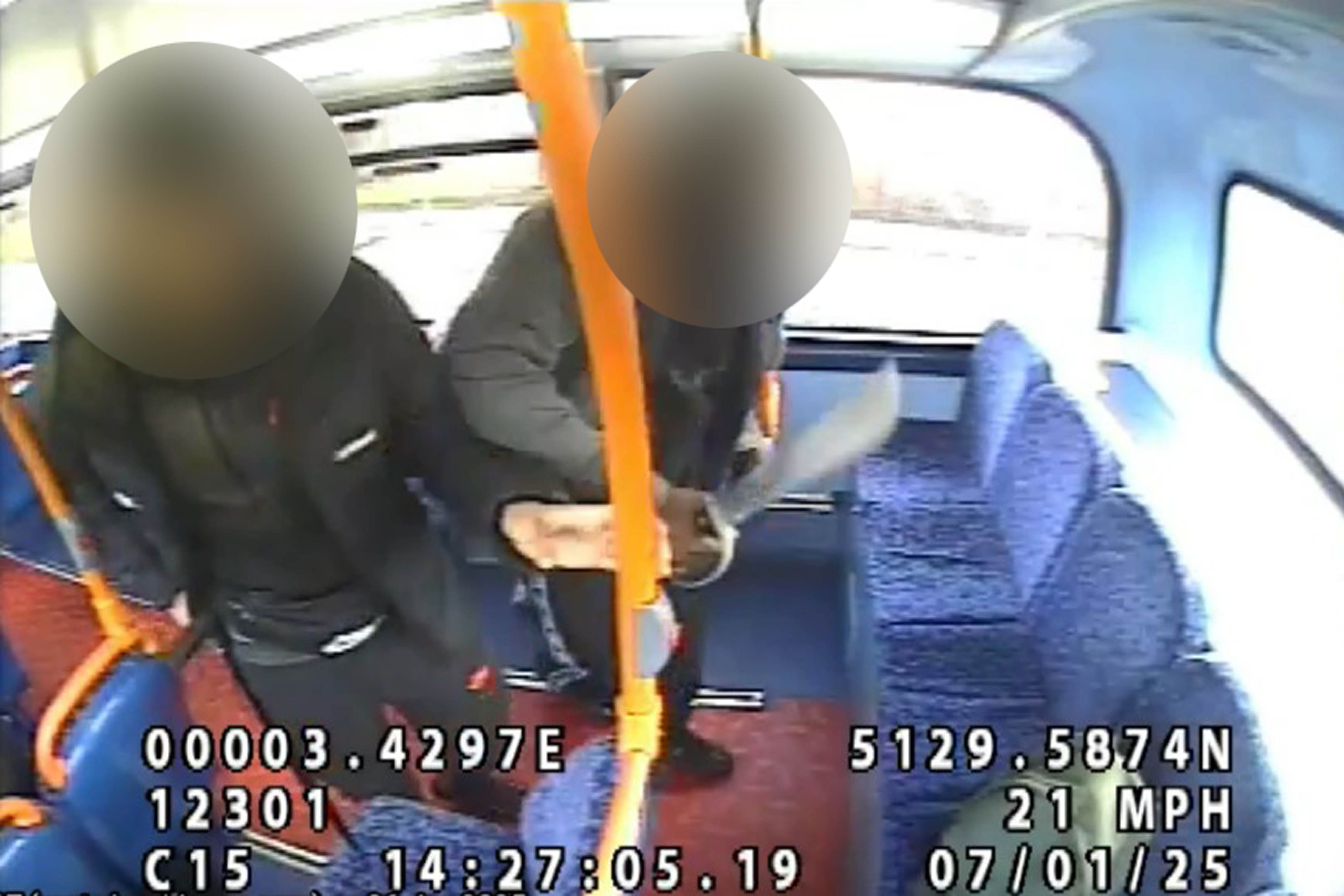 An image taken from CCTV on the bus of the two youths holding machetes who admitted the murder of 14-year-old Kelyan Bokassa (Metropolitan Police/PA)