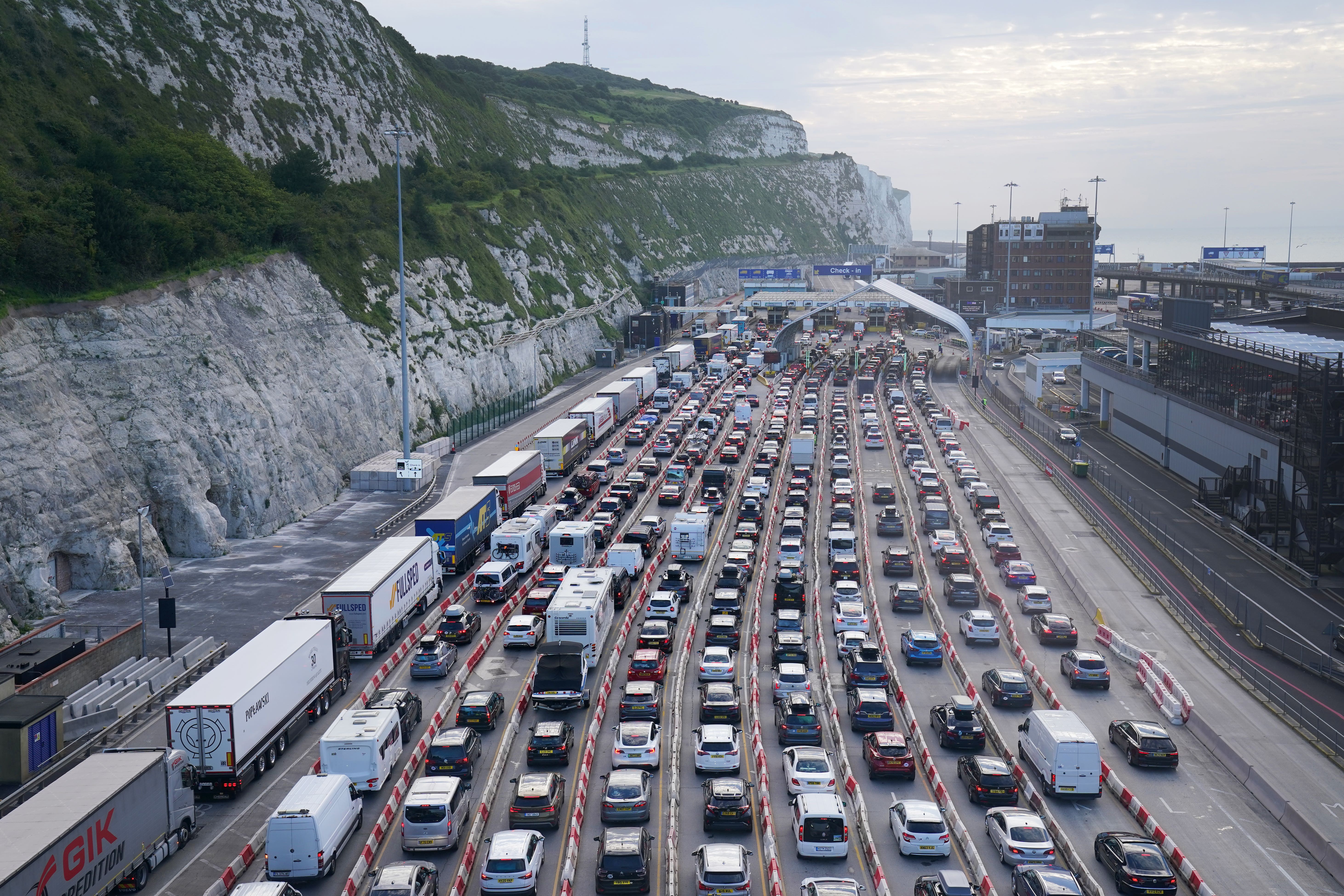 Holiday and freight traffic waiting to use the Port of Dover in Kent on Saturday (Gareth Fuller/PA)