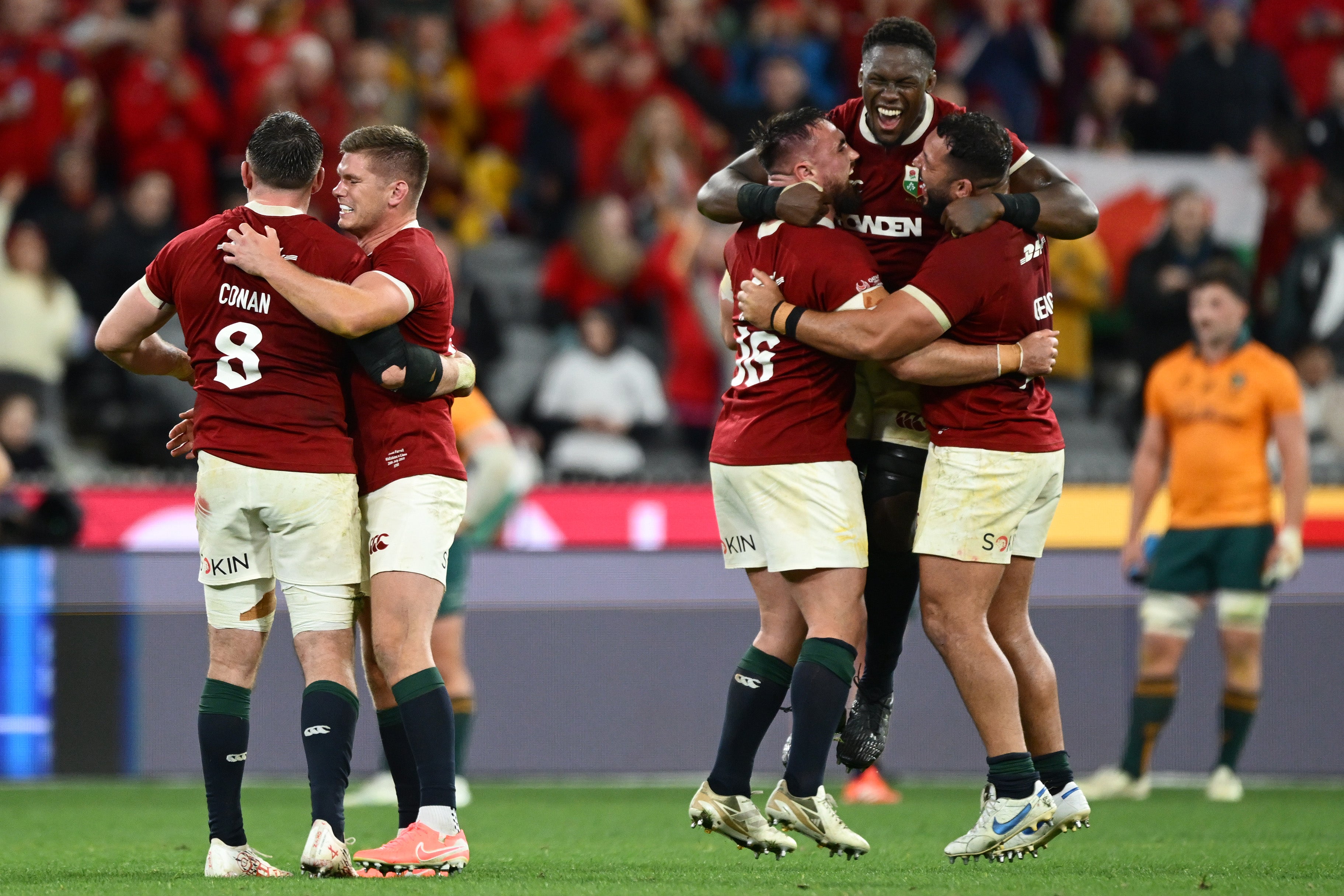 Joy unconfined for (from left) Jack Conan, Owen Farrell, Ronan Kelleher, Maro Itoje and Ellis Genge as the British and Irish Lions snatch victory at the death over Australia