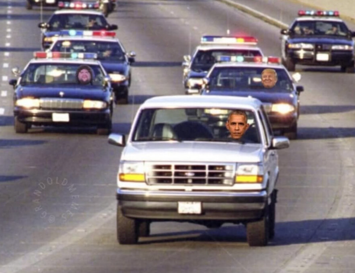 Donald Trump’s latest meme post sees him and JD Vance chasing former president Barack Obama, who is driving a white Ford Bronco, down a Los Angeles freeway in police cars