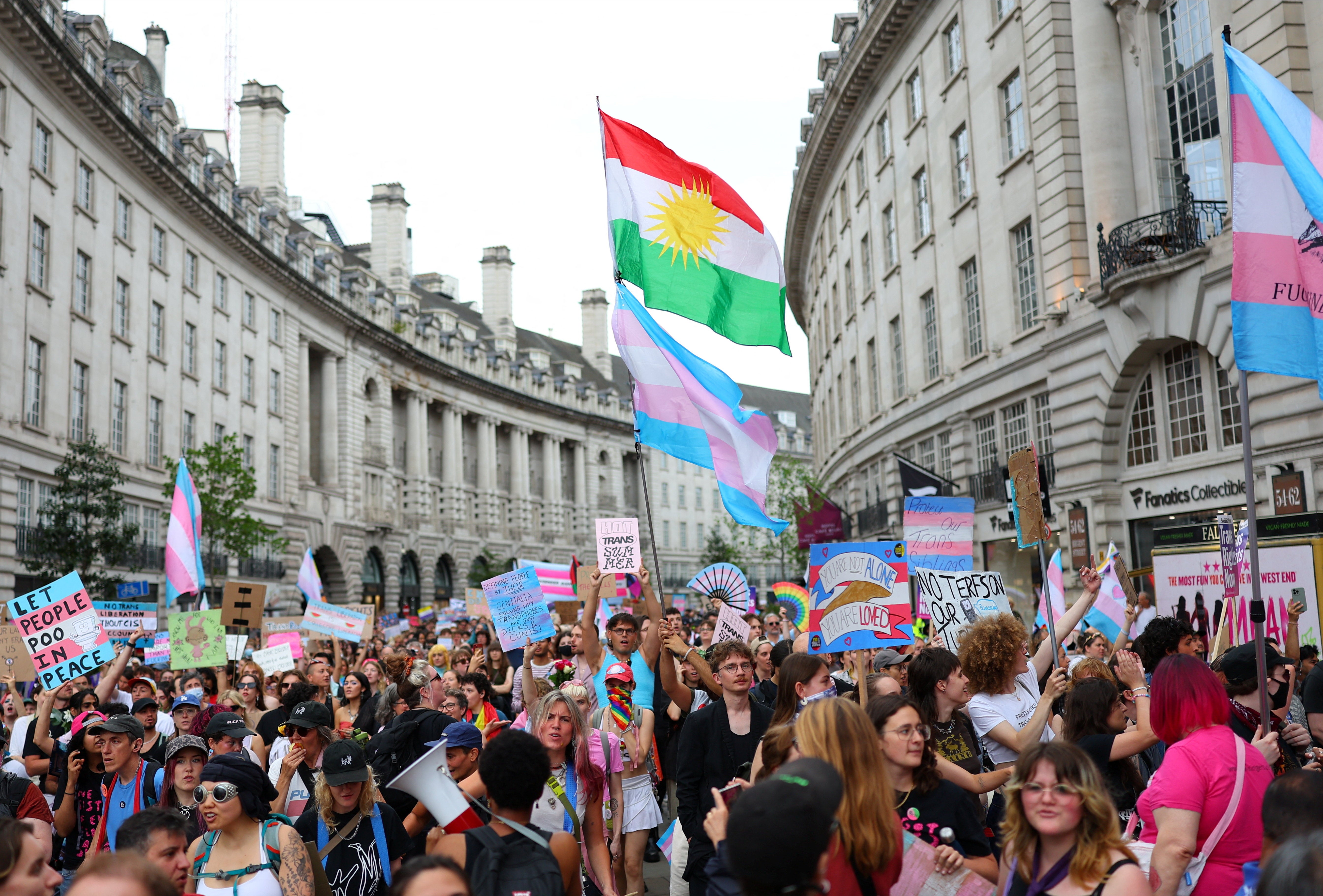 Participants attend the London Trans+ Pride parade in central London on Saturday