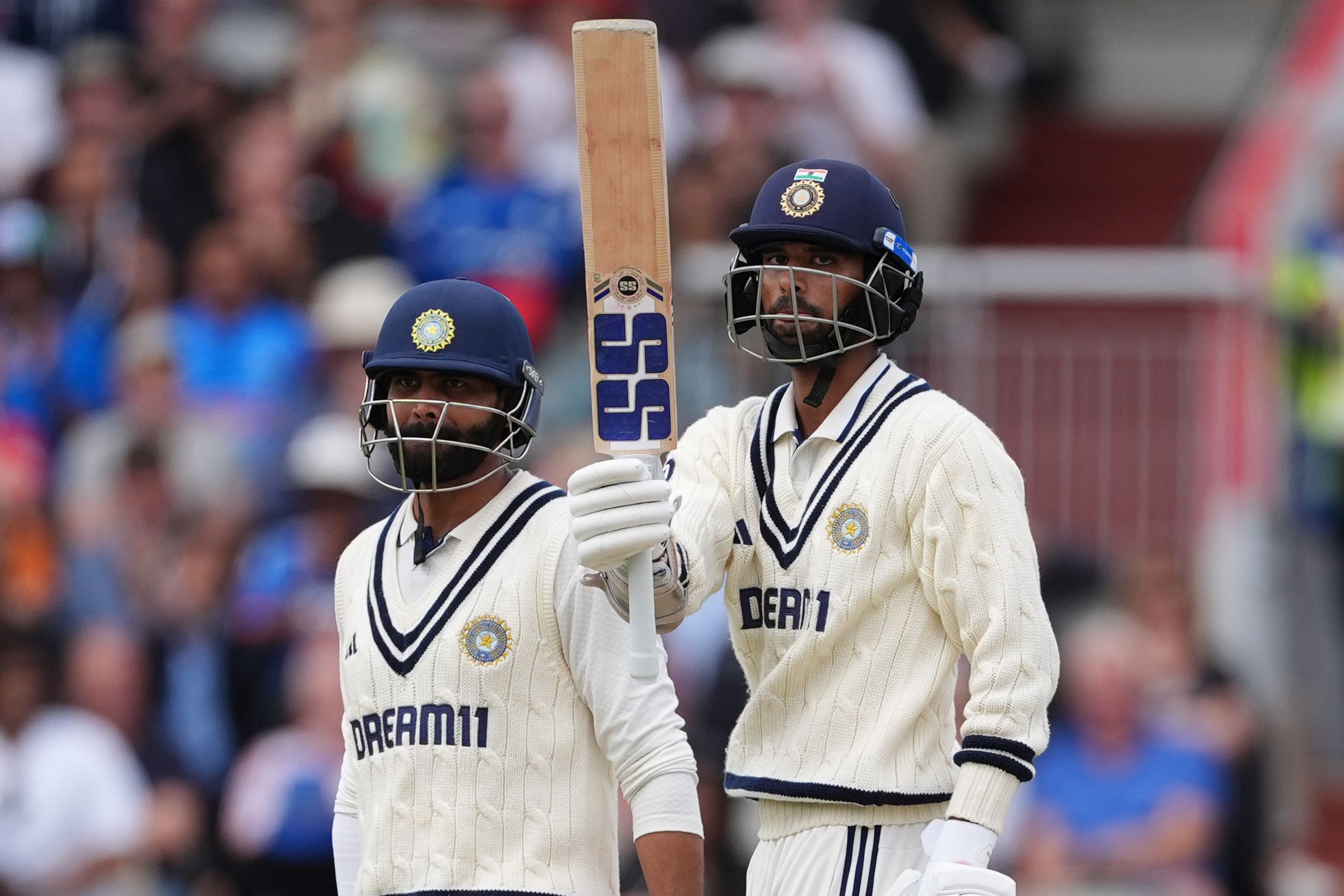 Washington Sundar, right, and Ravindra Jadeja, left, both reached centuries in Manchester
