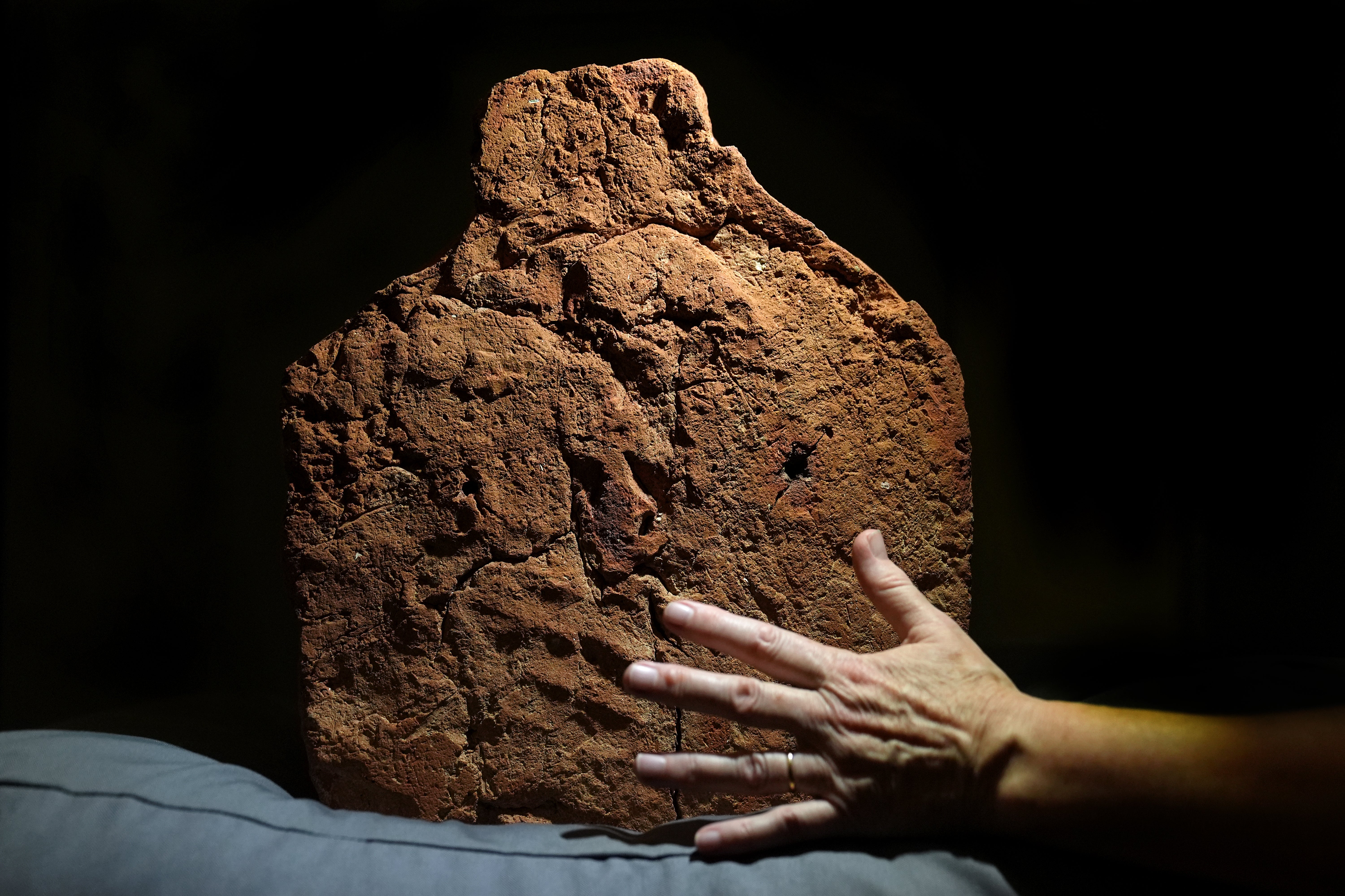 A 4,000-year-old ancient Egyptian handprint discovered on a 'soul house' at the Fitzwilliam Museum in Cambridge ahead of their forthcoming exhibition Made in Ancient Egypt, which opens in October