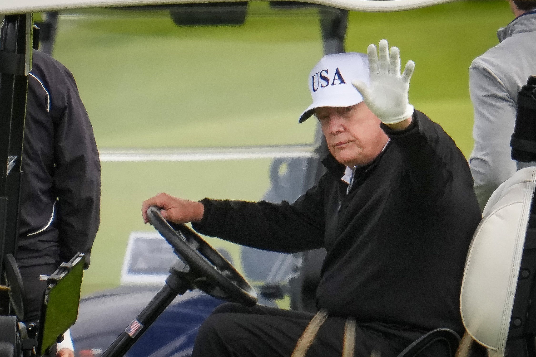 U.S. President Donald Trump plays golf at Trump Turnberry golf course on July 26, 2026 in Turnberry, Scotland