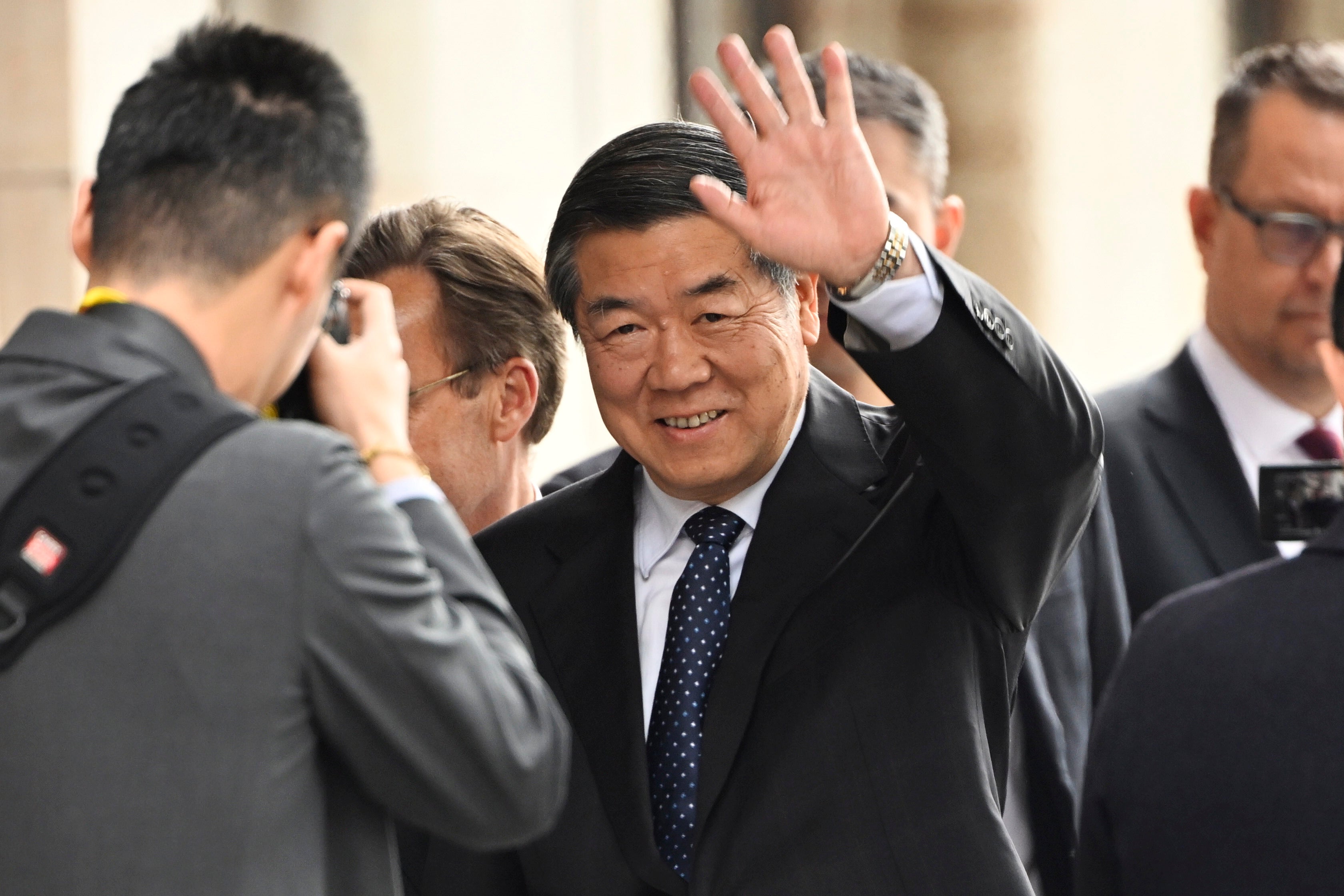 File. Chinese vice premier He Lifeng waves as he arrives for trade talks between the US and China in Stockholm, Sweden, on 28 July 2025