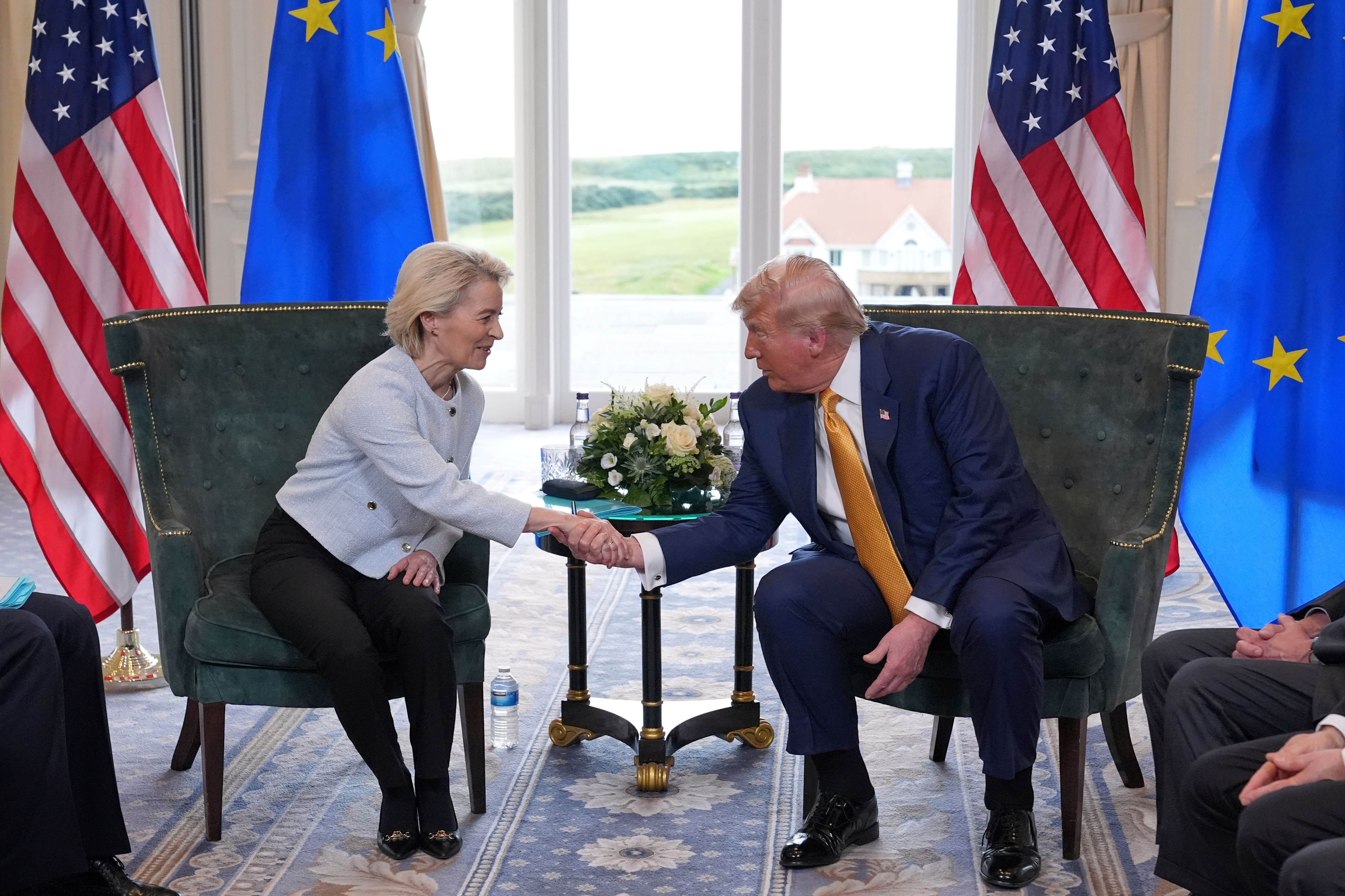 US President Donald Trump shakes hands with European Commission president Ursula von der Leyen (Jacquelyn Martin/AP)