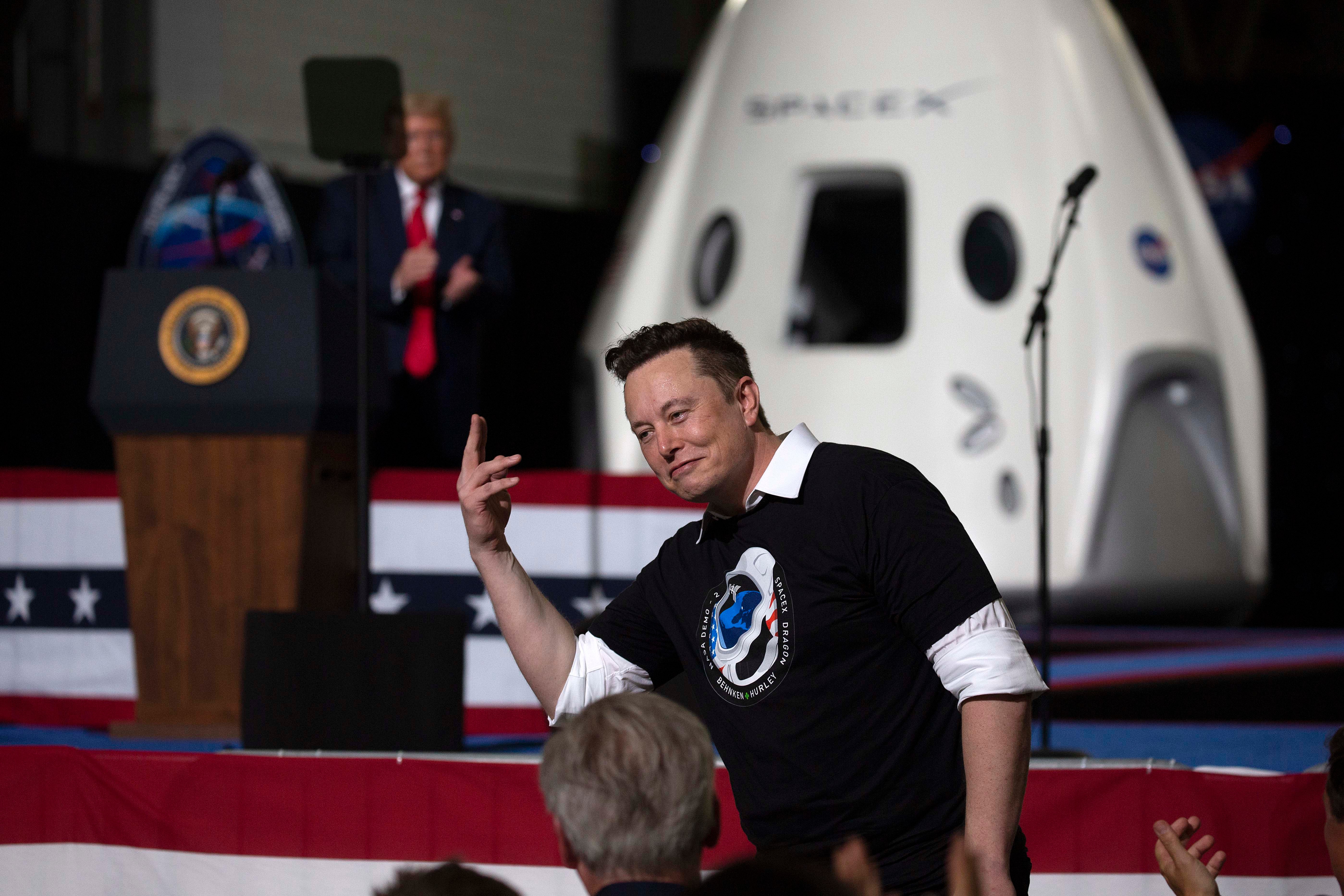 Elon Musk makes a hand gesture after the successful launch of a SpaceX Falcon 9 rocket from Cape Canaveral, Florida, on 30 May, 2020