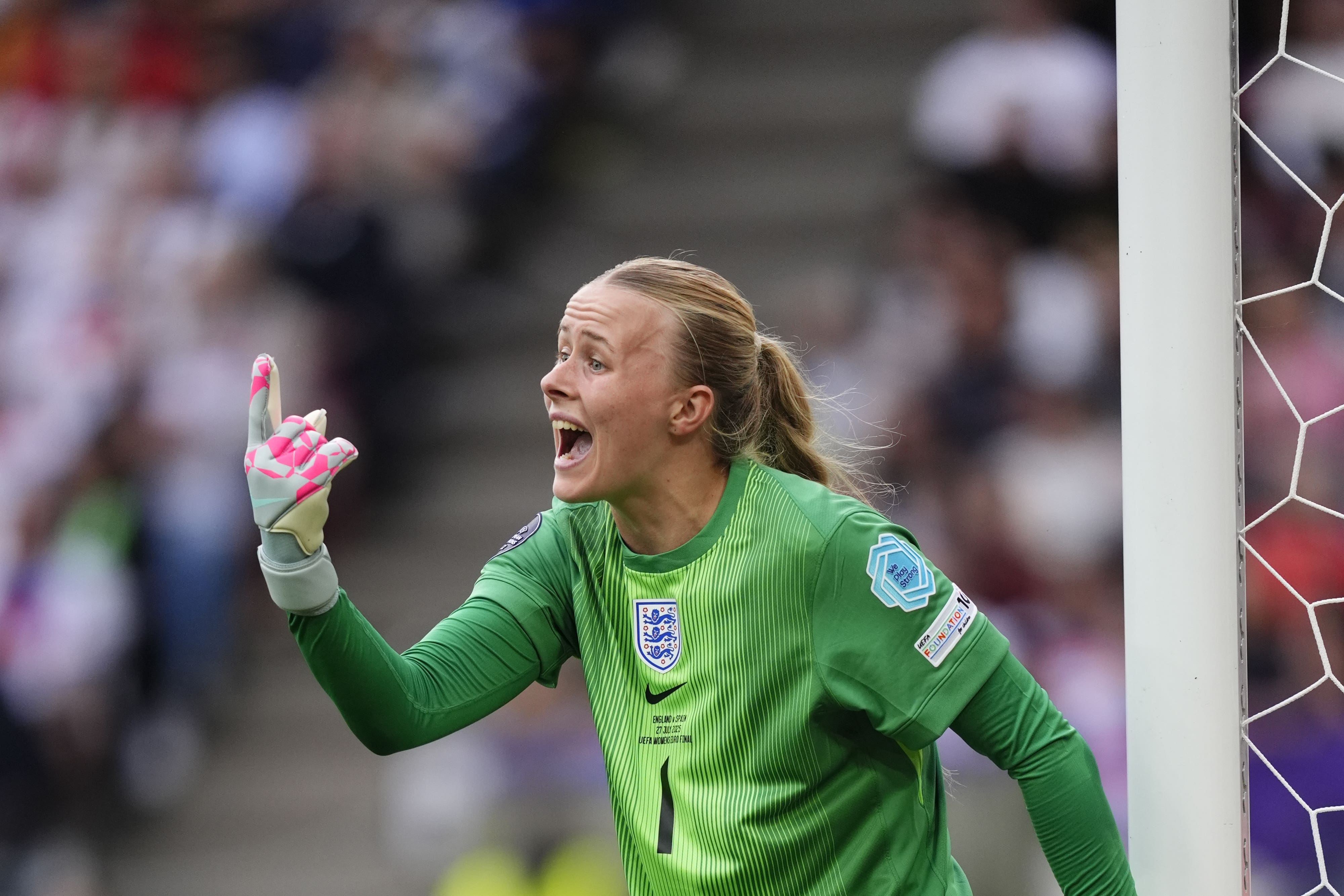 England goalkeeper Hannah Hampton in action during the Uefa Women’s Euro 2025 final (Peter Byrne/PA)
