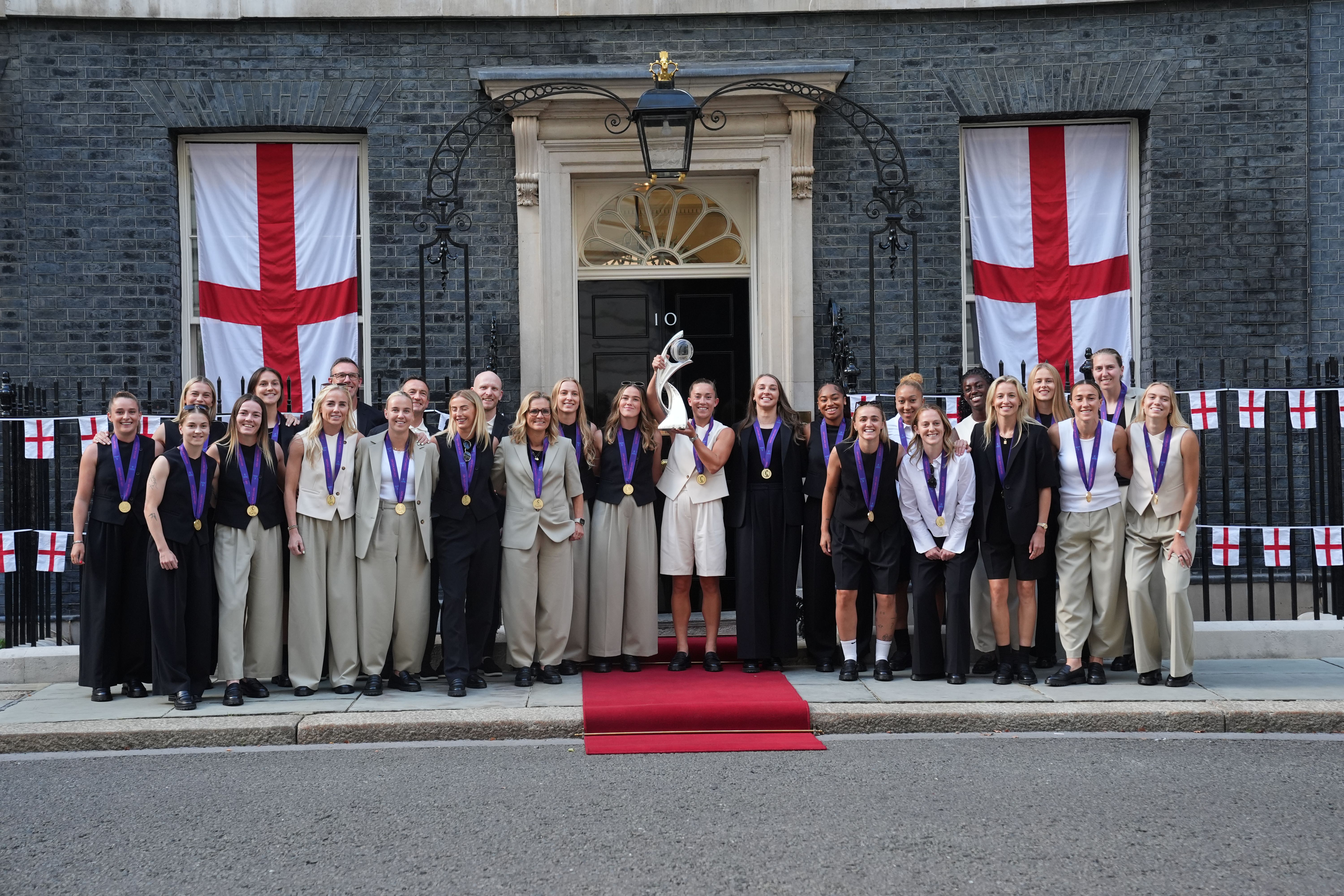 England players outside No 10 for a celebratory reception after their Euro 2025 triumph