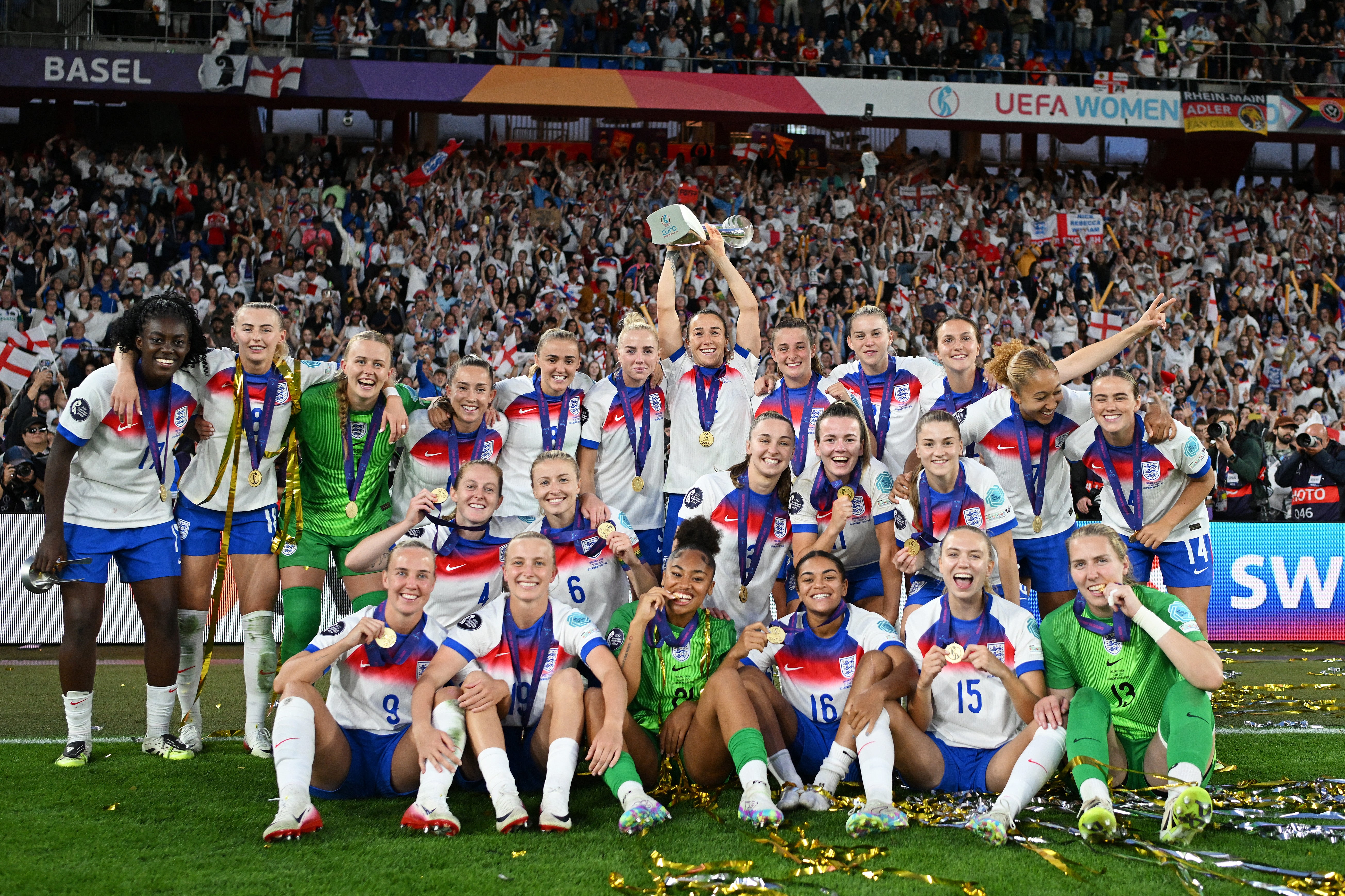 The England team beat World Cup title holders Spain