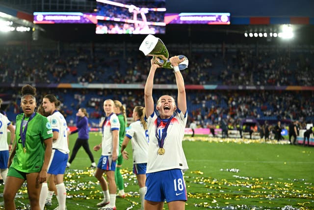 <p>Chloe Kelly celebrates with the European Championship trophy</p>