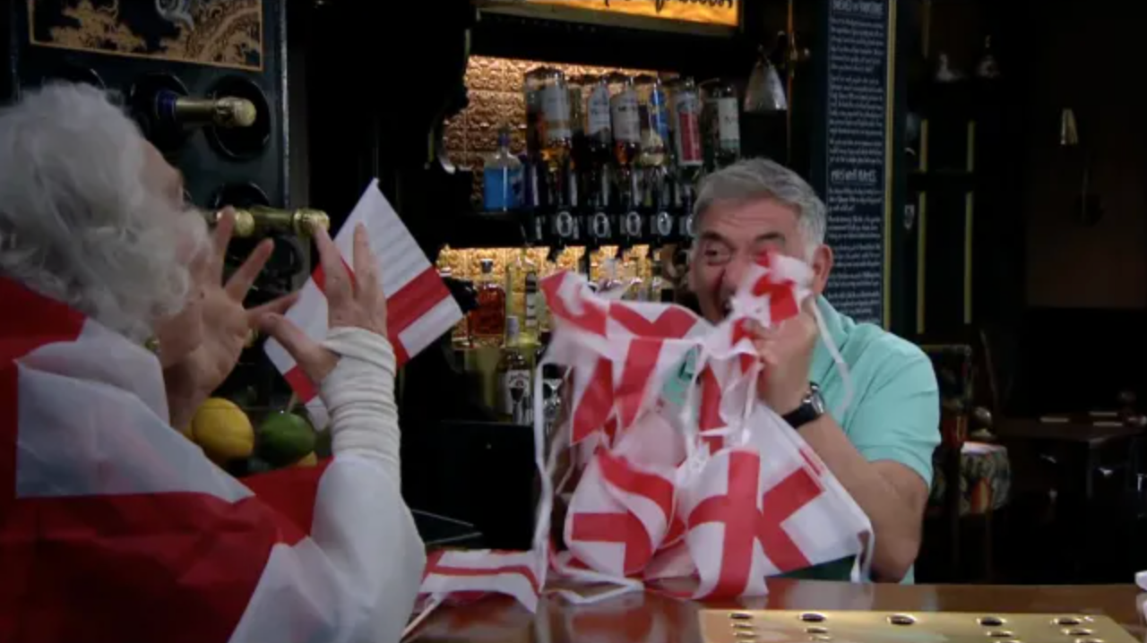 Emmerdale characters Bob and Mary celebrates the Lionesses Euro 2025 victory