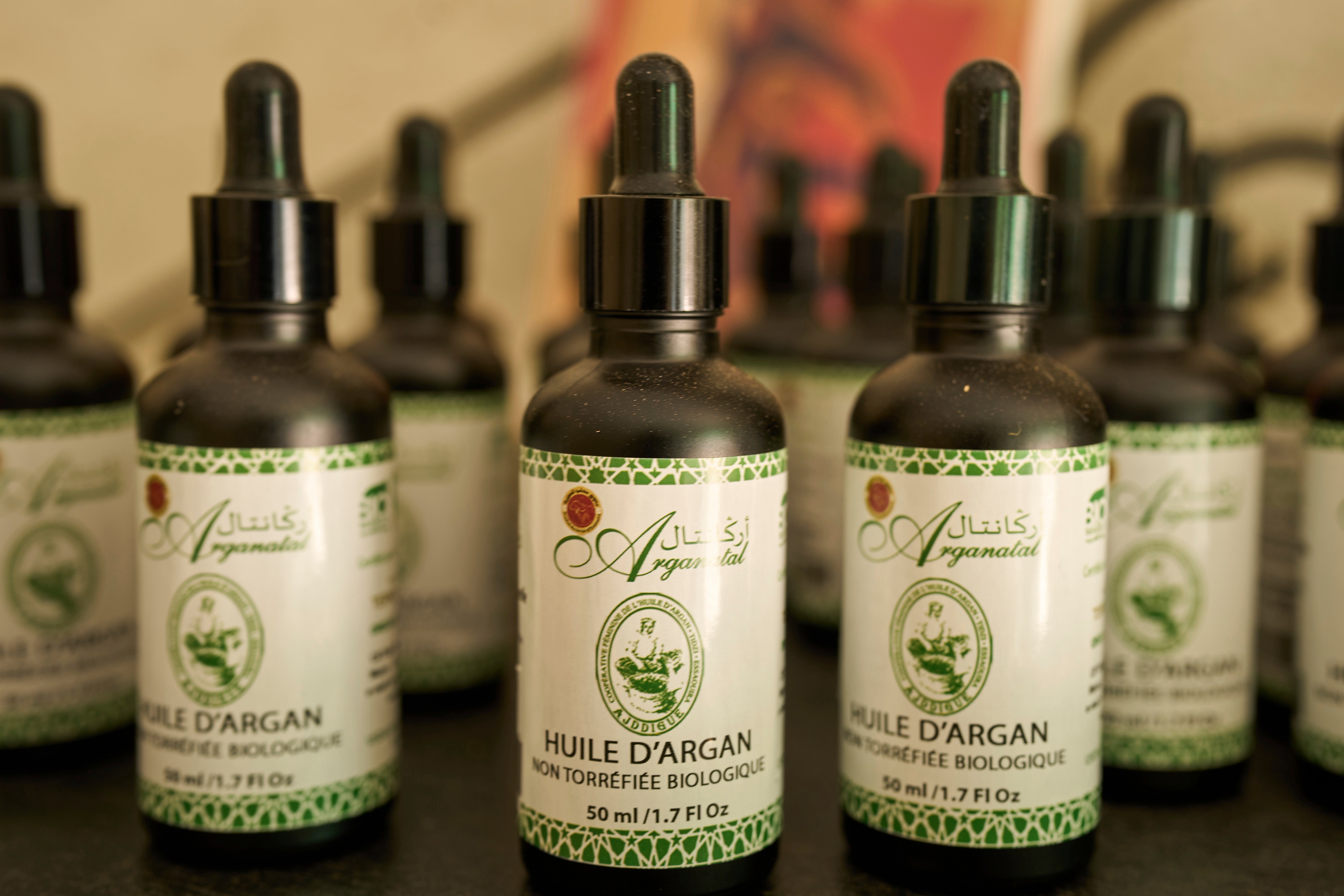 Argan-based products are displayed for sale at a cooperative that extracts and produces argan oil,