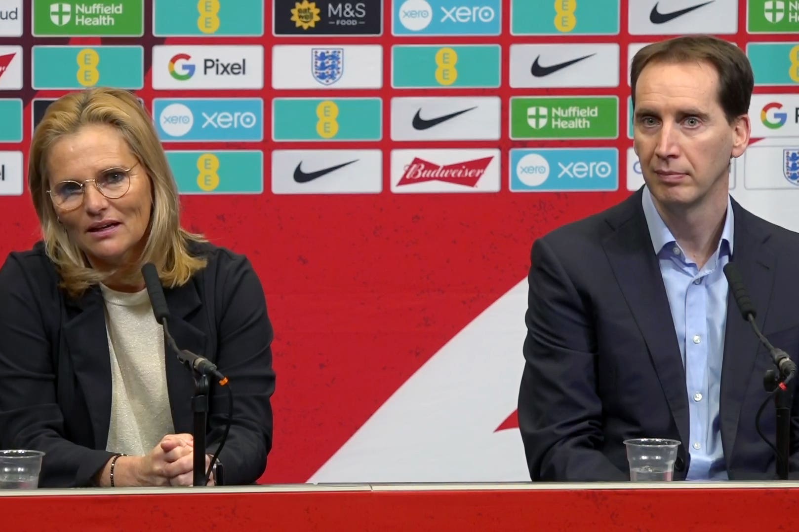 England head coach Sarina Wiegman and Football Association CEO Mark Bullingham in screen grab taken from PA Video during a Wembley press conference (PA Archive/PA Images).