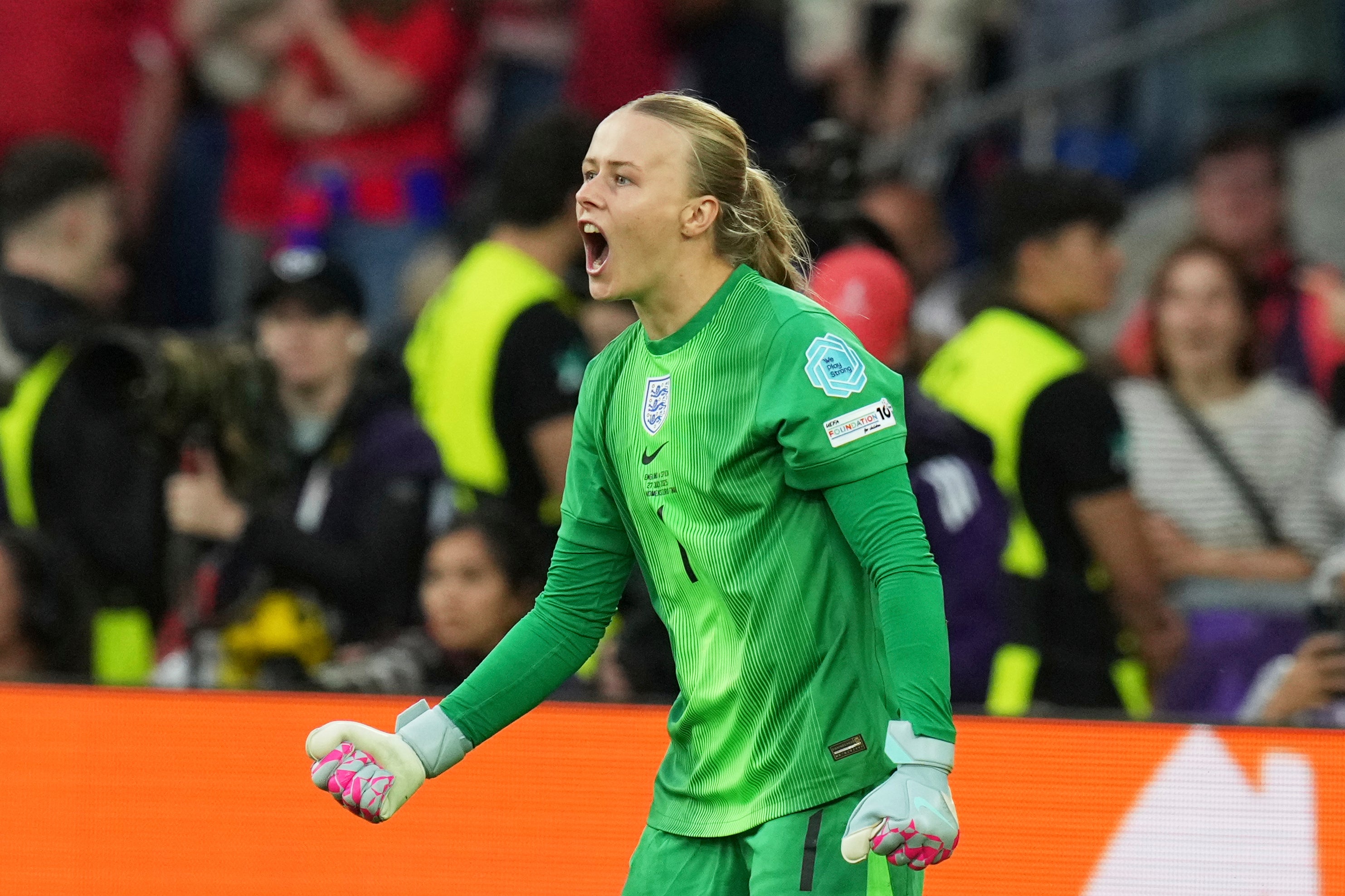 England goalkeeper Hannah Hampton reacts after a save during a penalty shootout