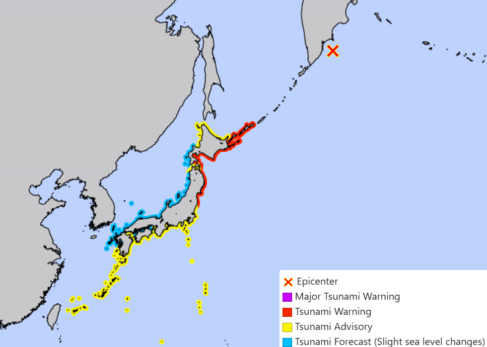 Tsunami warnings have been issued along the coast of Japan