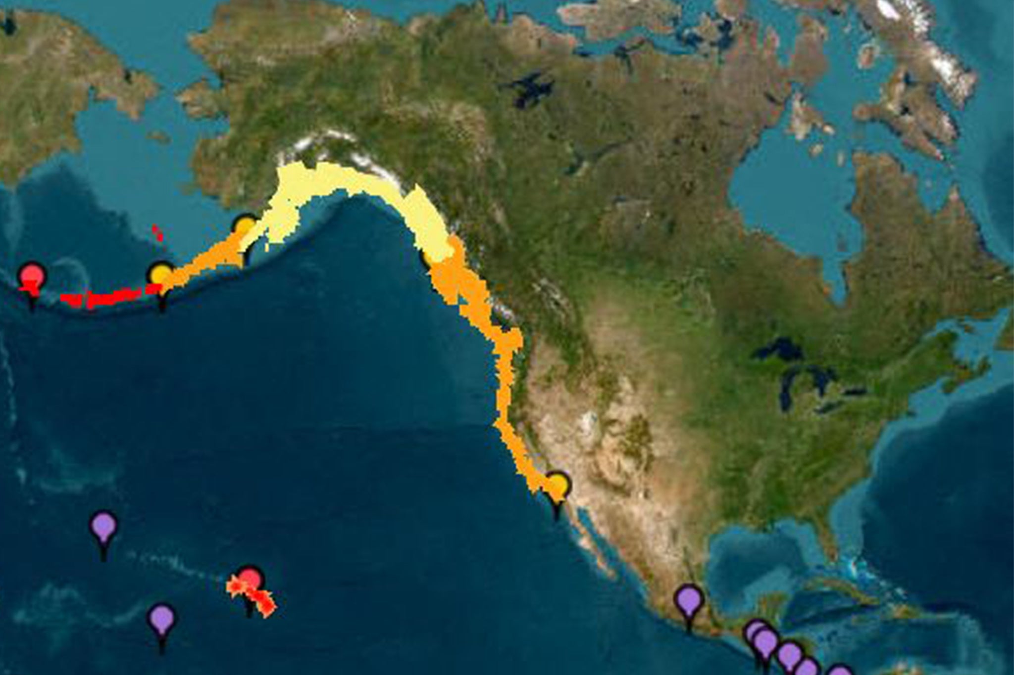 An image from the National Oceanic and Atmospheric Administration's Tsunami Warning System shows the initial tsunami warnings (red), advisories (orange) watches (yellow) and threats (purple) after the earthquake hit