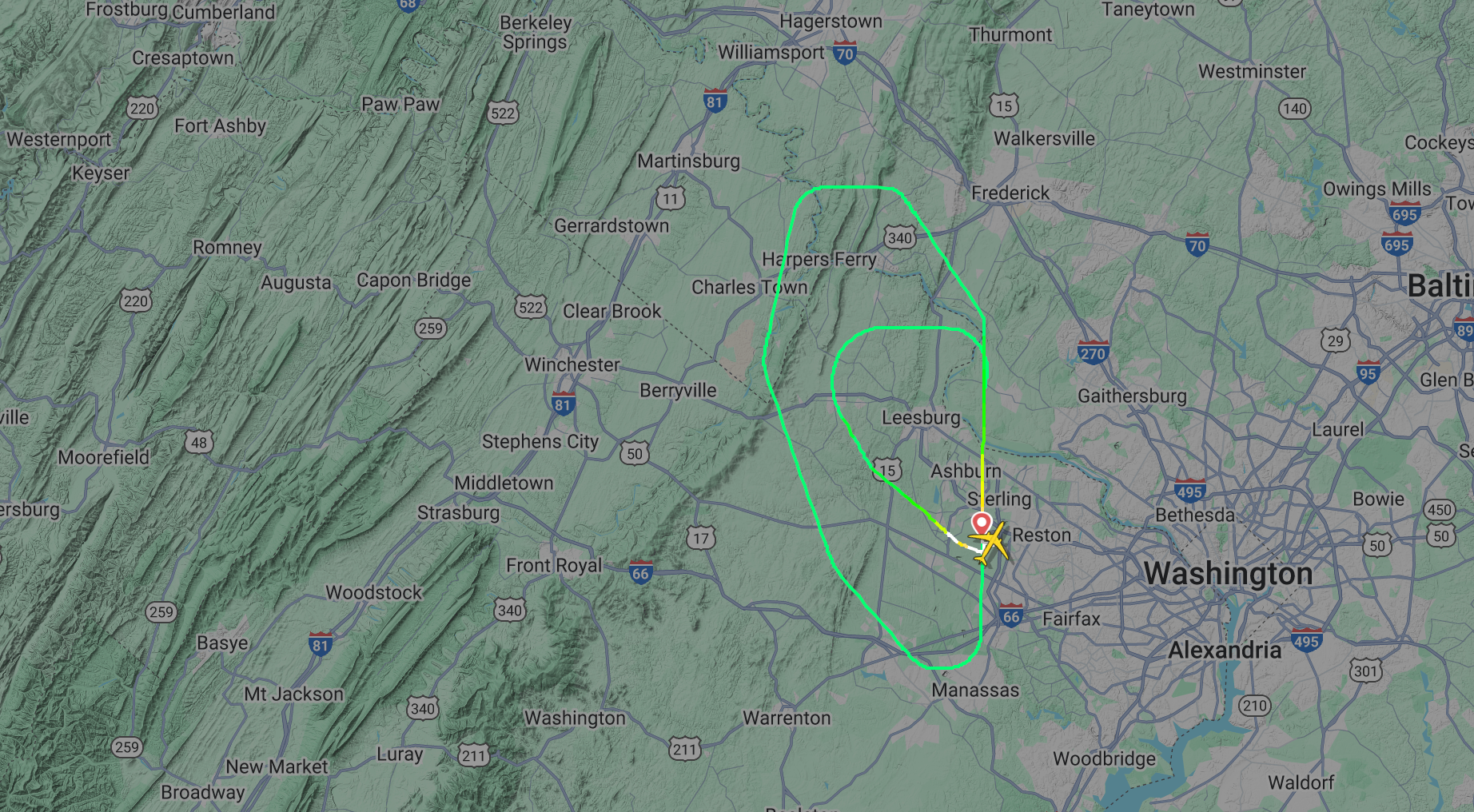Footage from FlightRadar24 shows the plane circling above Washington Dulles airport