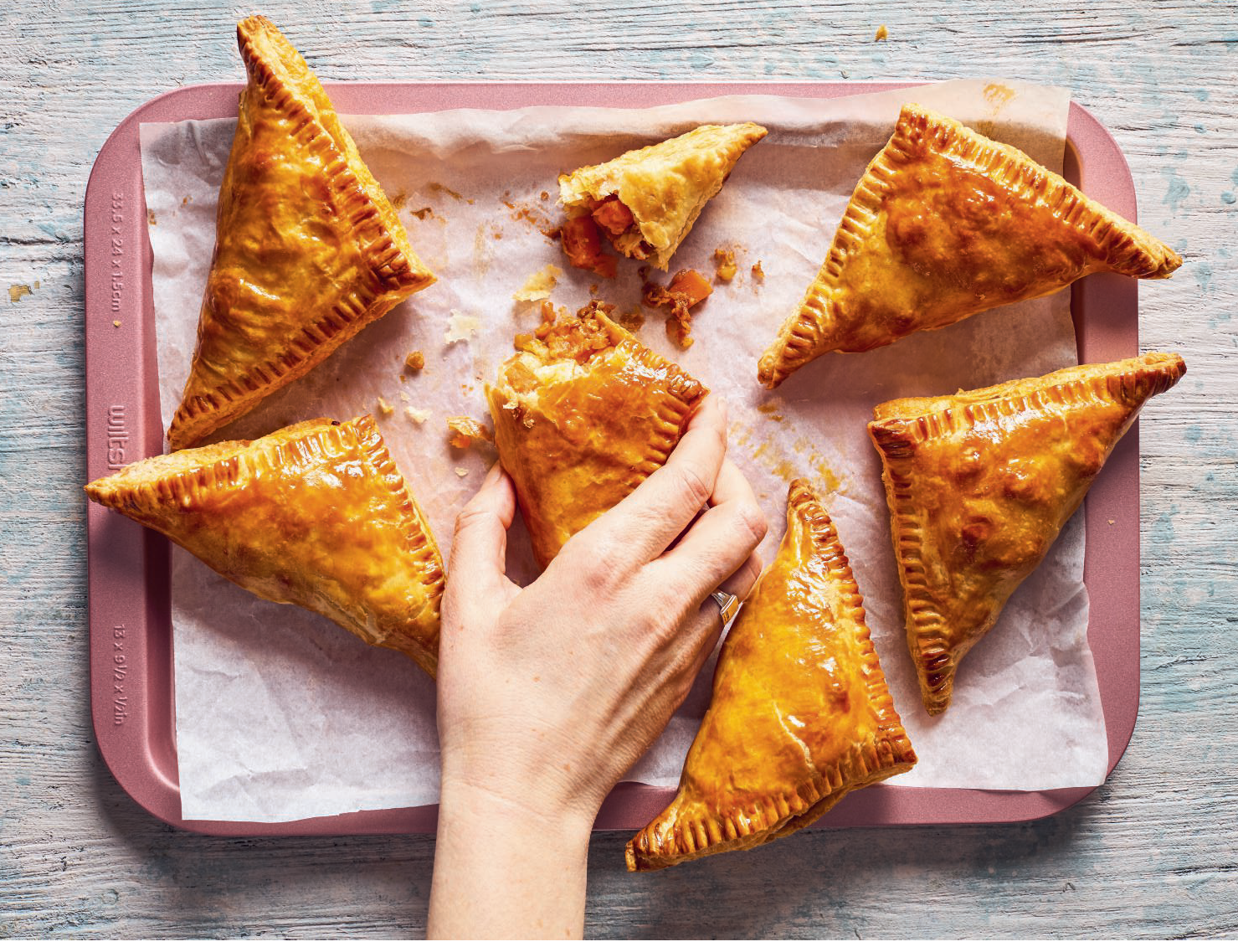 Flaky, golden and filled with sweet potato and tangy goat’s cheese, these hand pies are a perfect make-ahead lunch or snack