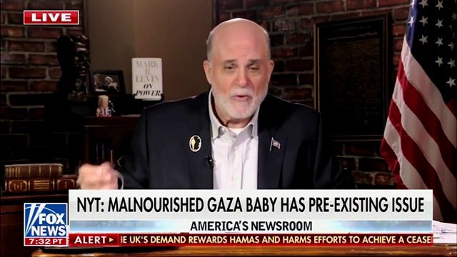 Fox News host Mark Levin uses a recent update to a New York Times story about malnourished kids in Gaza to cast doubt on the famine.