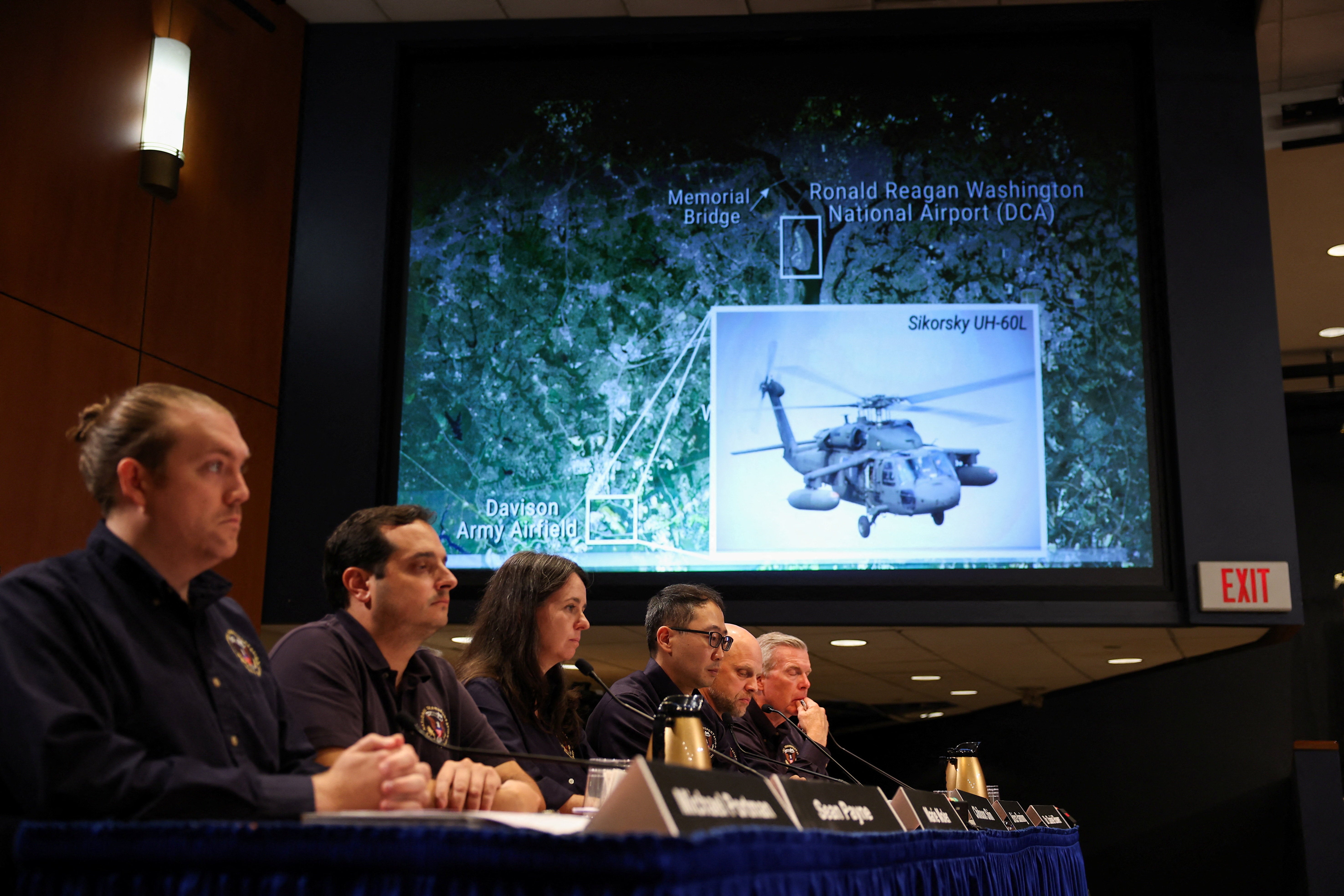 National Transportation Safety Board (NTSB) members attend an investigative hearing on the January 29 mid-air collision of an Army Sikorsky UH-60L Black Hawk helicopter and American Airlines flight 5342 over the Potomac River