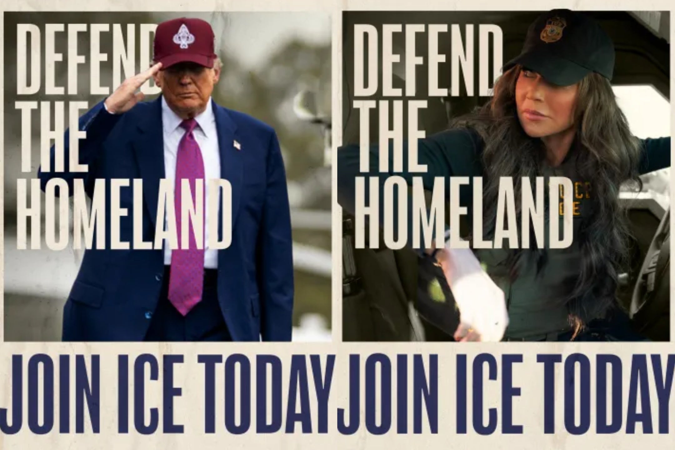The Department of Homeland Security launched a campaign including ‘defend the homeland’ posters featuring Trump and Kristi Noem