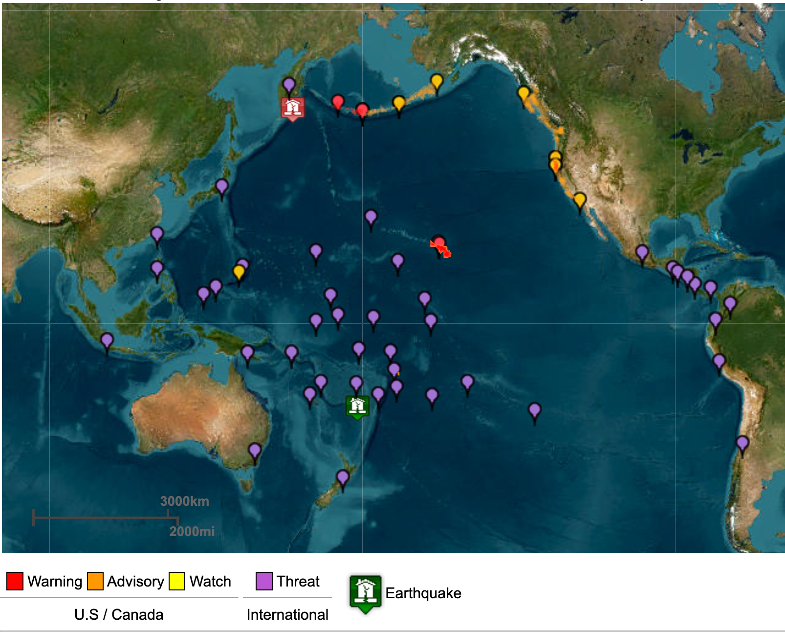 Map showing areas under warnings, watch and threat notices