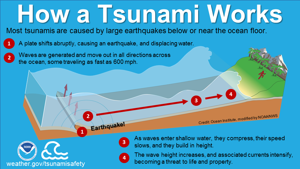 Tsunamis can be caused by large earthquakes impacting the ocean floor