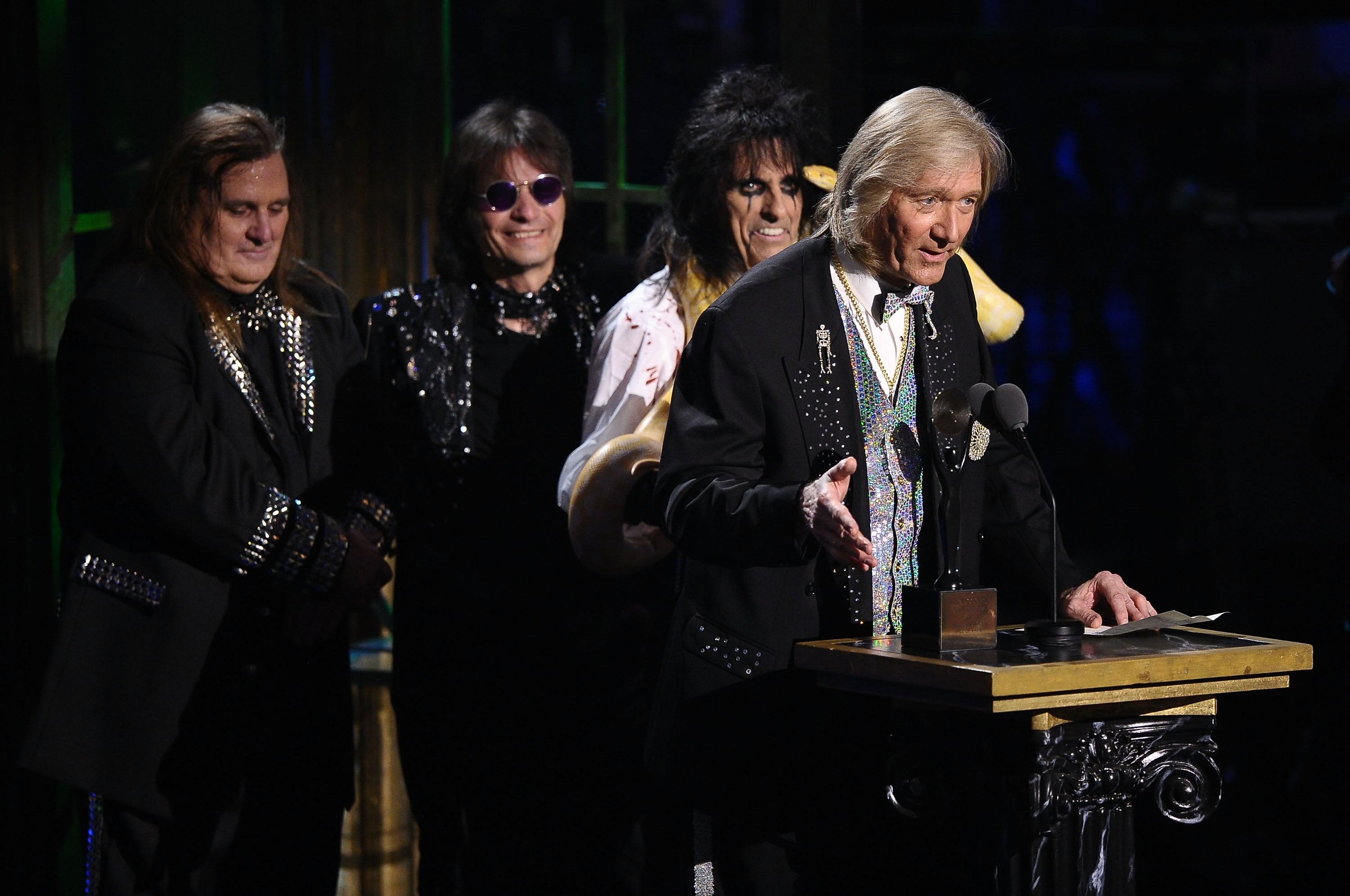 Alice band (l-r): Michael Bruce, Dennis Dunaway, Alice Cooper and Neal Smith are inducted together into the Rock and Roll Hall of Fame in 2011