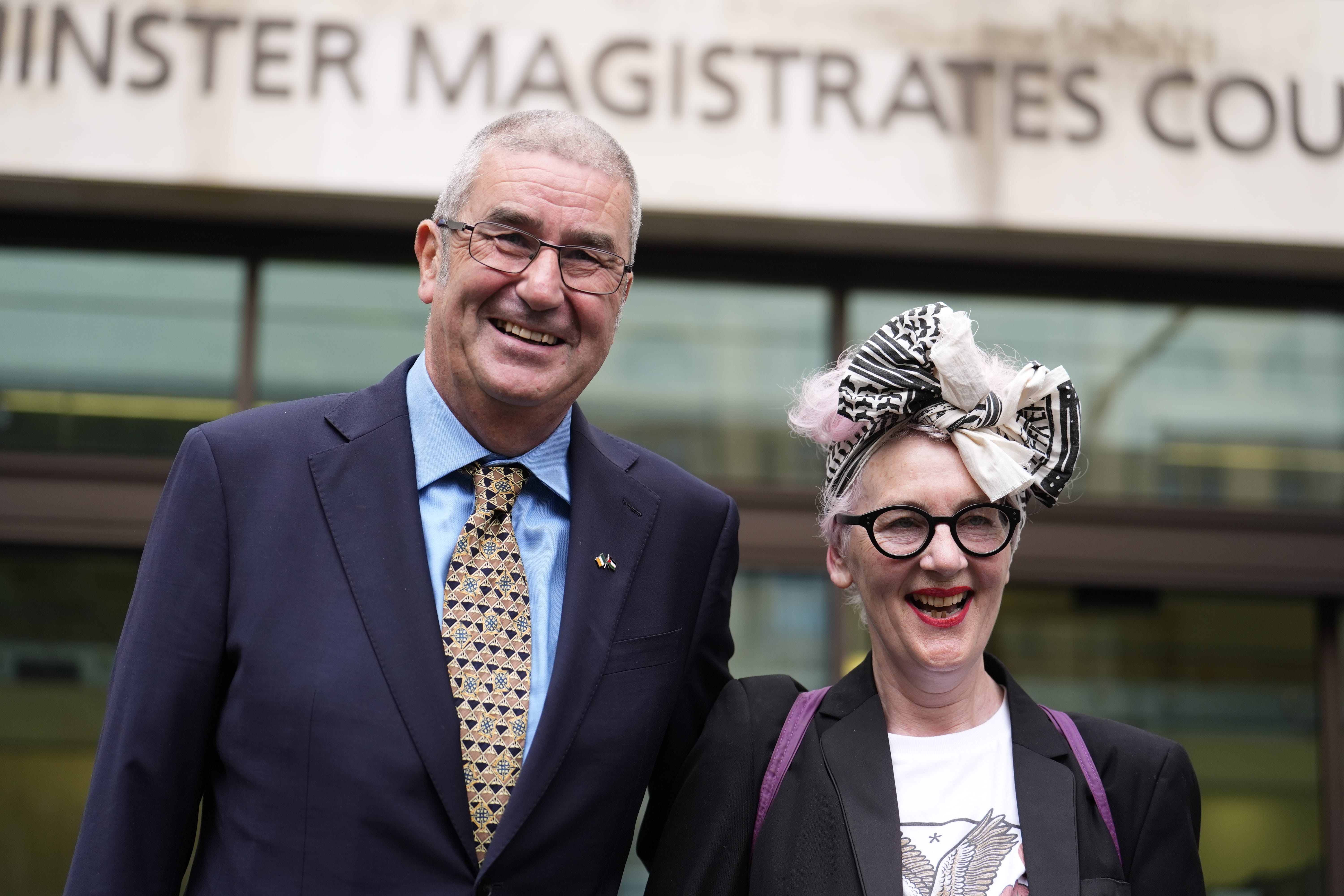 Stop the War Coalition chairman Alex Kenny and CND general secretary Sophie Bolt spoke outside Westminster Magistrates’ Court (Jordan Pettitt/PA)