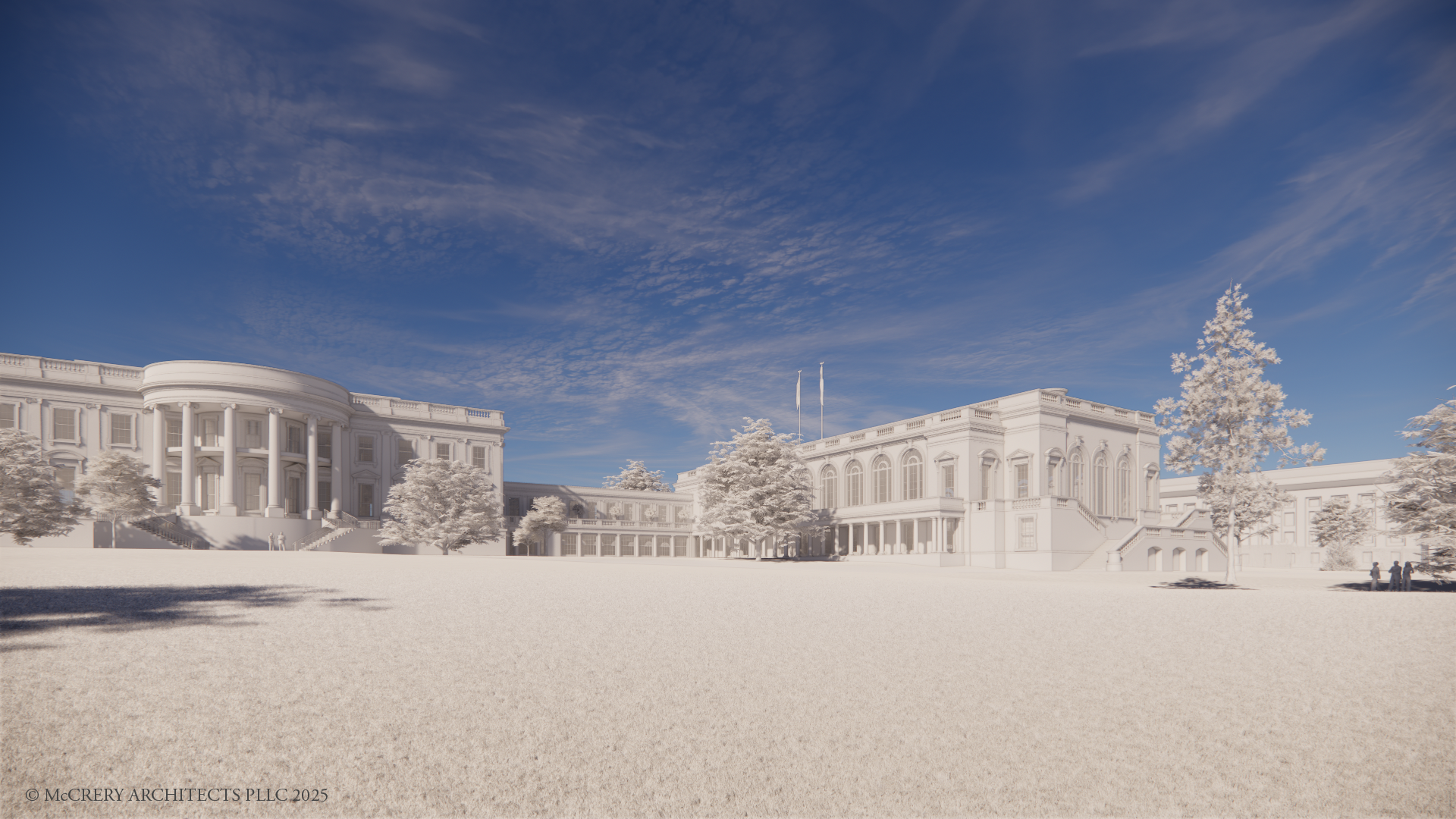 This architectural rendering shows the proposed White House ballroom facility in relation to the Executive Mansion as viewed from the South Lawn