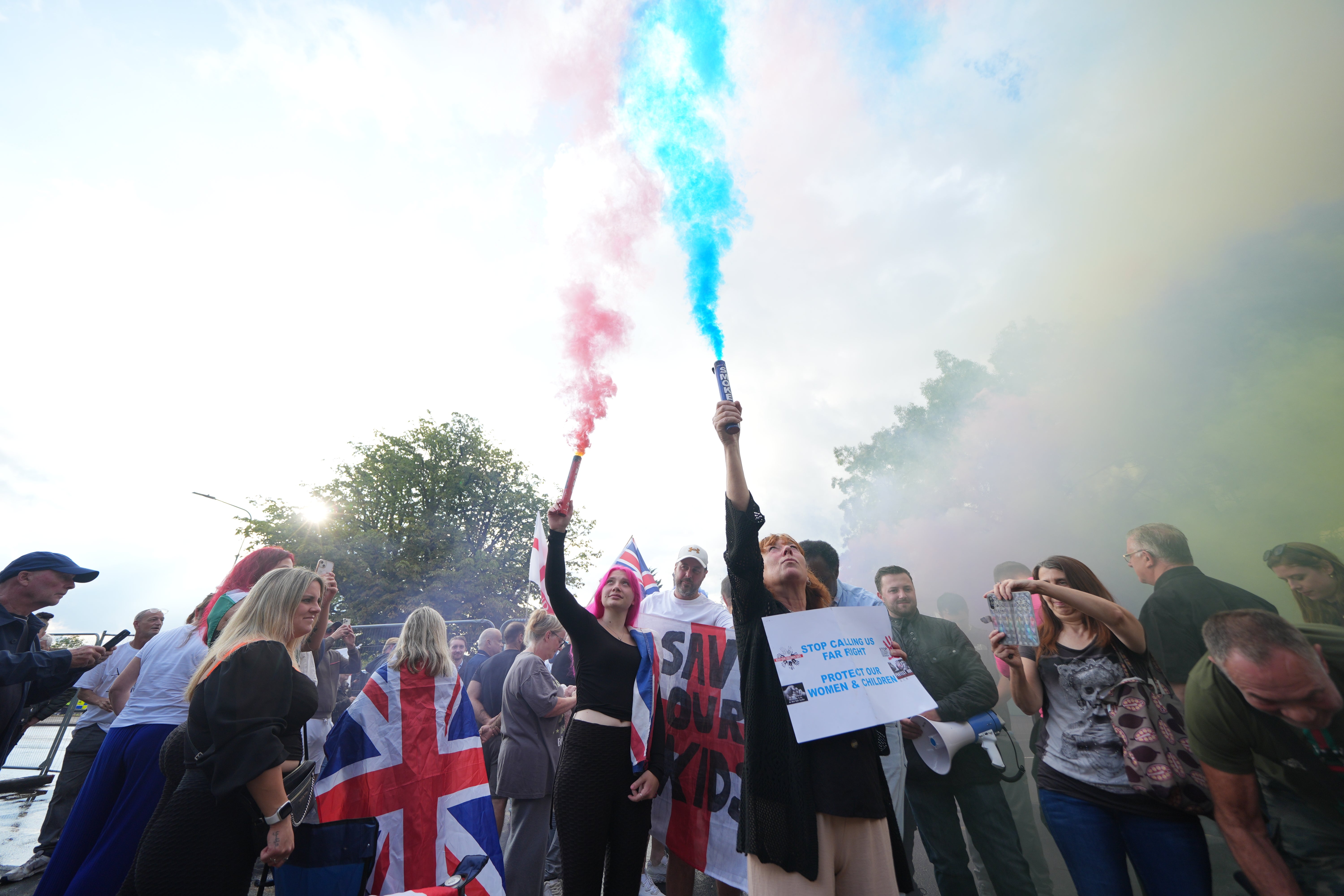 Protesters outside The Bell Hotel in Epping, where the first protests began last month