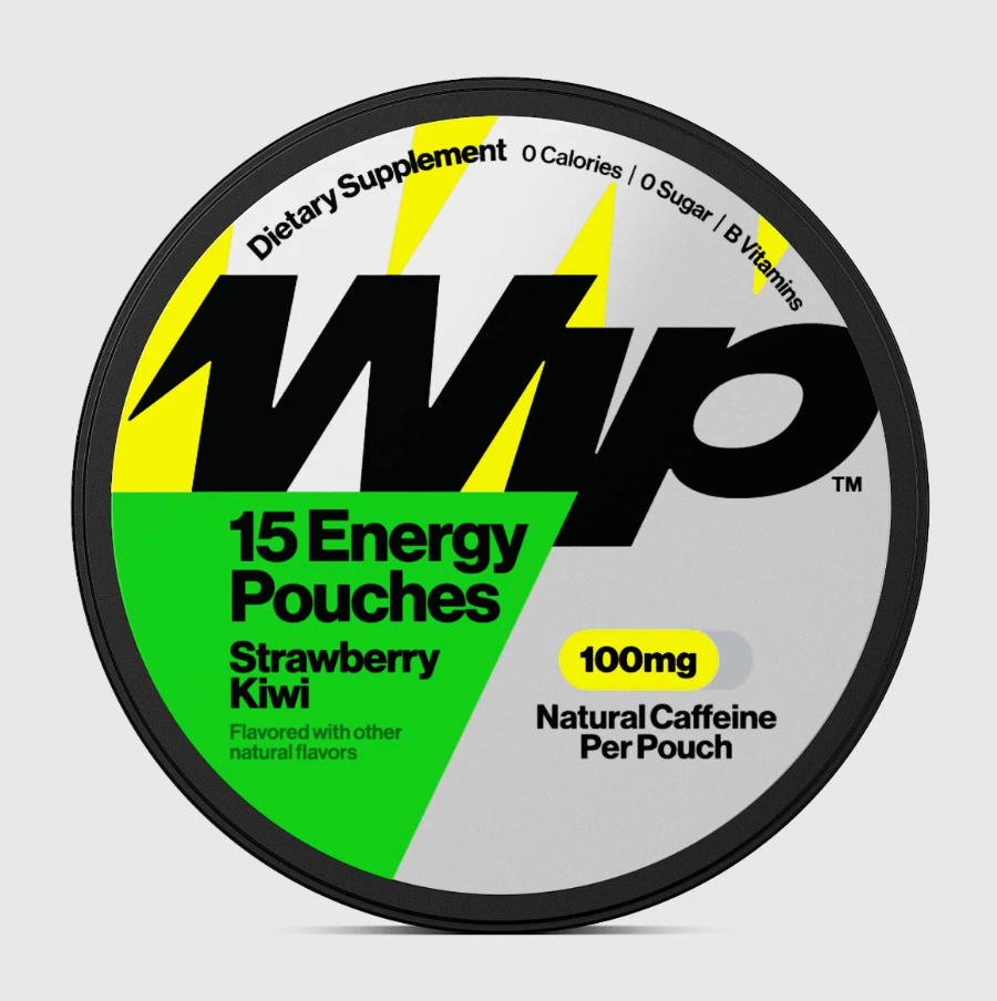 A Wip "Strawberry Kiwi" caffeine pouch package. Each tin contains 15 pouches with 100 milligrams of caffeine each