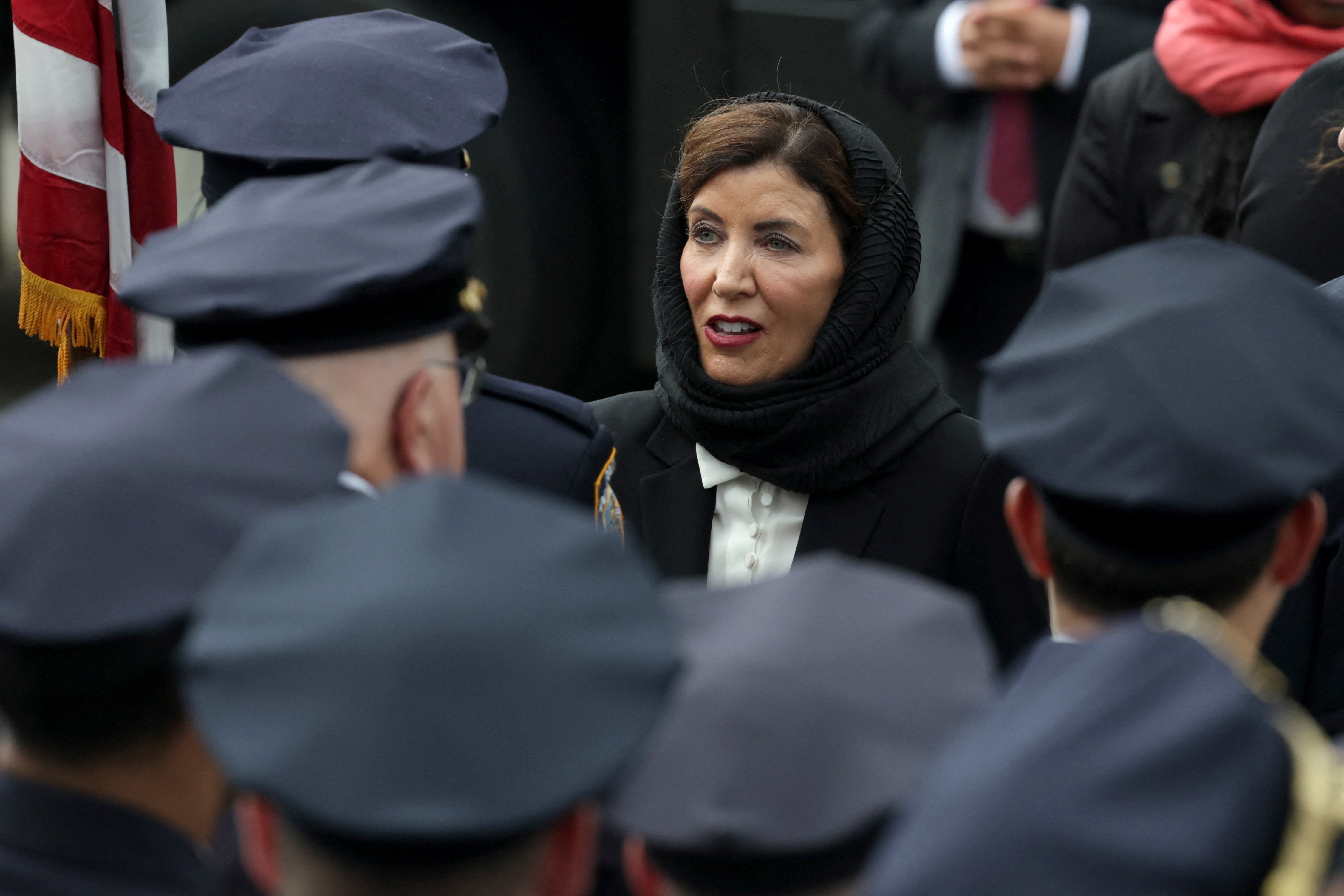 Kathy Hochul has lashed out at Ted Cruz after he called her out for wearing a headscarf at a fallen Muslim officer’s funeral