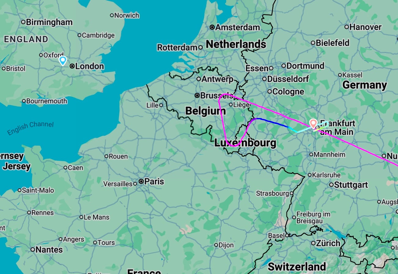 Waiting game: Flightpath of China Airlines flight to London Heathrow, which diverted to Frankfurt – where it is still on the ground