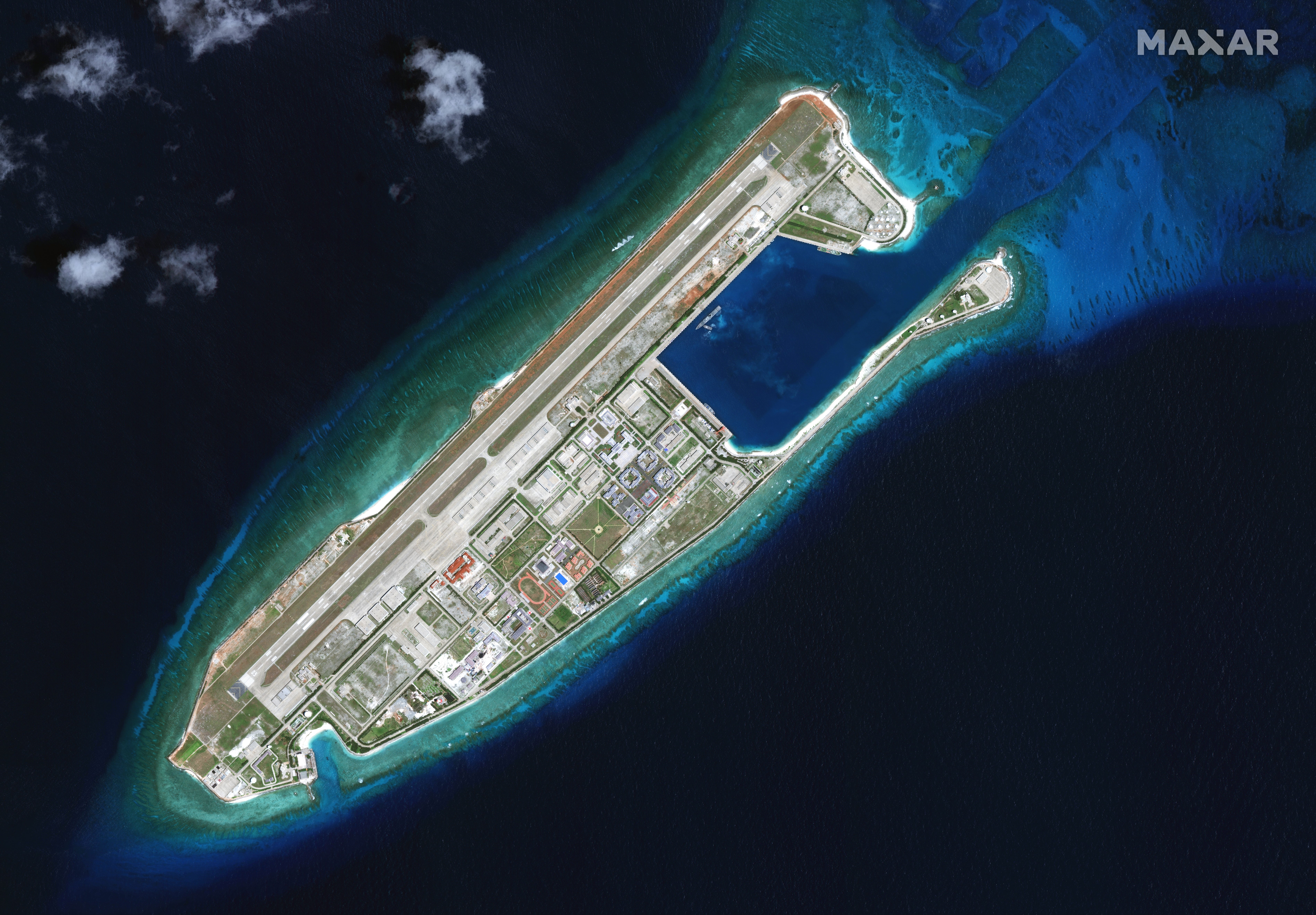 A satellite overview of Fiery Cross Reef in the South China Sea as seen on 1 April 2022